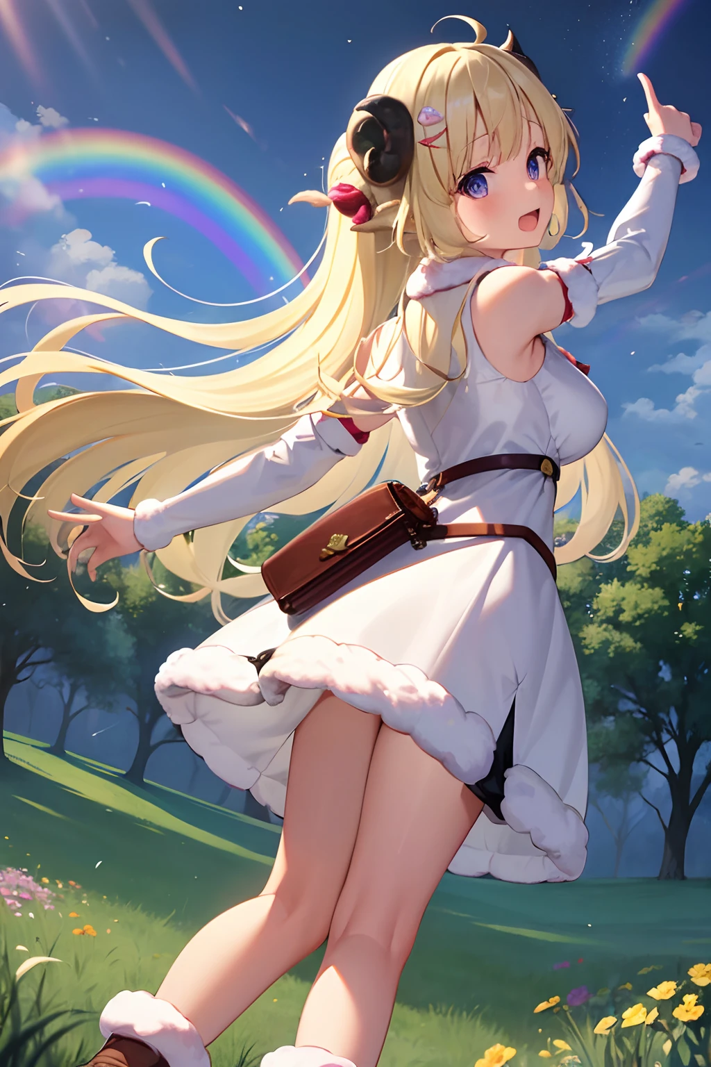 masterpiece, best quality, ulutra detailed, highres, 8k, mysterious rainbow over a peaceful meadow where sheep graze, Tsunomaki Watame, long hair, WatameBase, fur-trimmed dress, white dress, bare shoulders, fur-trimmed sleeves, hairclip, cape, belt pouch, brooch, fur-trimmed boots, happy, smile, open mouth, looking back, pointing to the rainbow