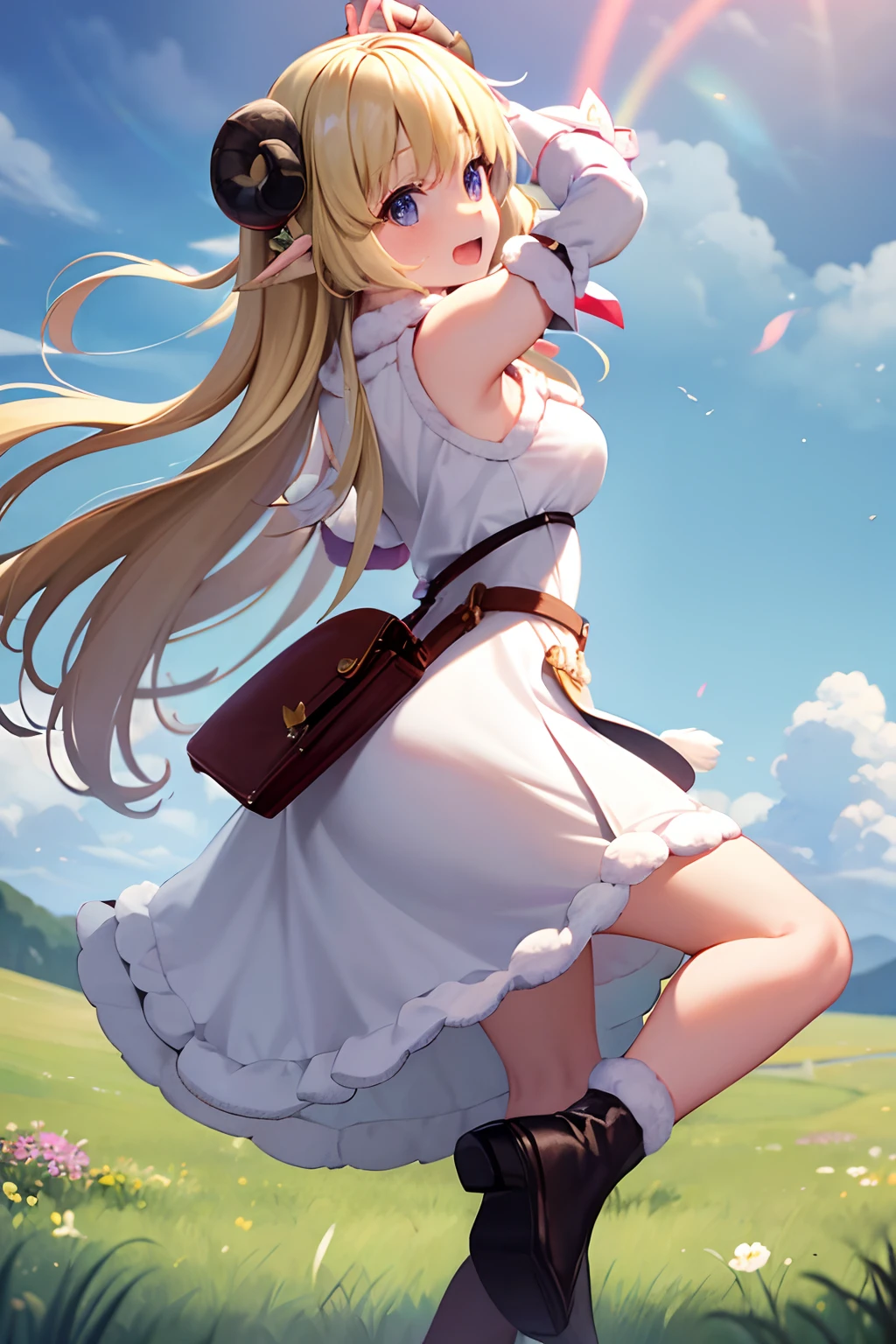 masterpiece, best quality, ulutra detailed, highres, 8k, mysterious rainbow over a peaceful meadow where sheep graze, Tsunomaki Watame, long hair, WatameBase, fur-trimmed dress, white dress, bare shoulders, fur-trimmed sleeves, hairclip, cape, belt pouch, brooch, fur-trimmed boots, happy, smile, open mouth, looking back, pointing to the rainbow