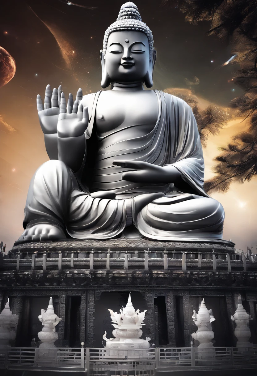 China-style,In the universe, The huge Maitreya Buddha statue stands in space,Gaze at the earth,Standing Buddha statue,with light glowing,Glow effects,Pilgrims on the road,Hyper-realistic,Ultra photo realsisim,Real Photographics,8K,High definition,high qulity,Works of masters,super-fine,Chinese black and white ink style,(((white colors))),Decolorization,Smudge,ink,8K,super-fine,high qulity,(((OC renderer)))