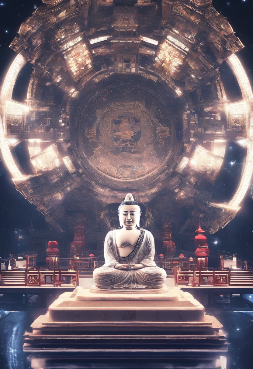 China-style，In the universe, The huge Maitreya Buddha statue stands in space，Gaze at the earth，Standing Buddha statue，with light glowing，Glow effects，Pilgrims on the road，Hyper-realistic，Ultra photo realsisim，Real Photographics，8K，High definition，high qulity，Works of masters，super-fine，Chinese black and white ink style，（（（white colors））），Decolorization，Smudge，ink，8K，super-fine，high qulity，（（（OC renderer）））