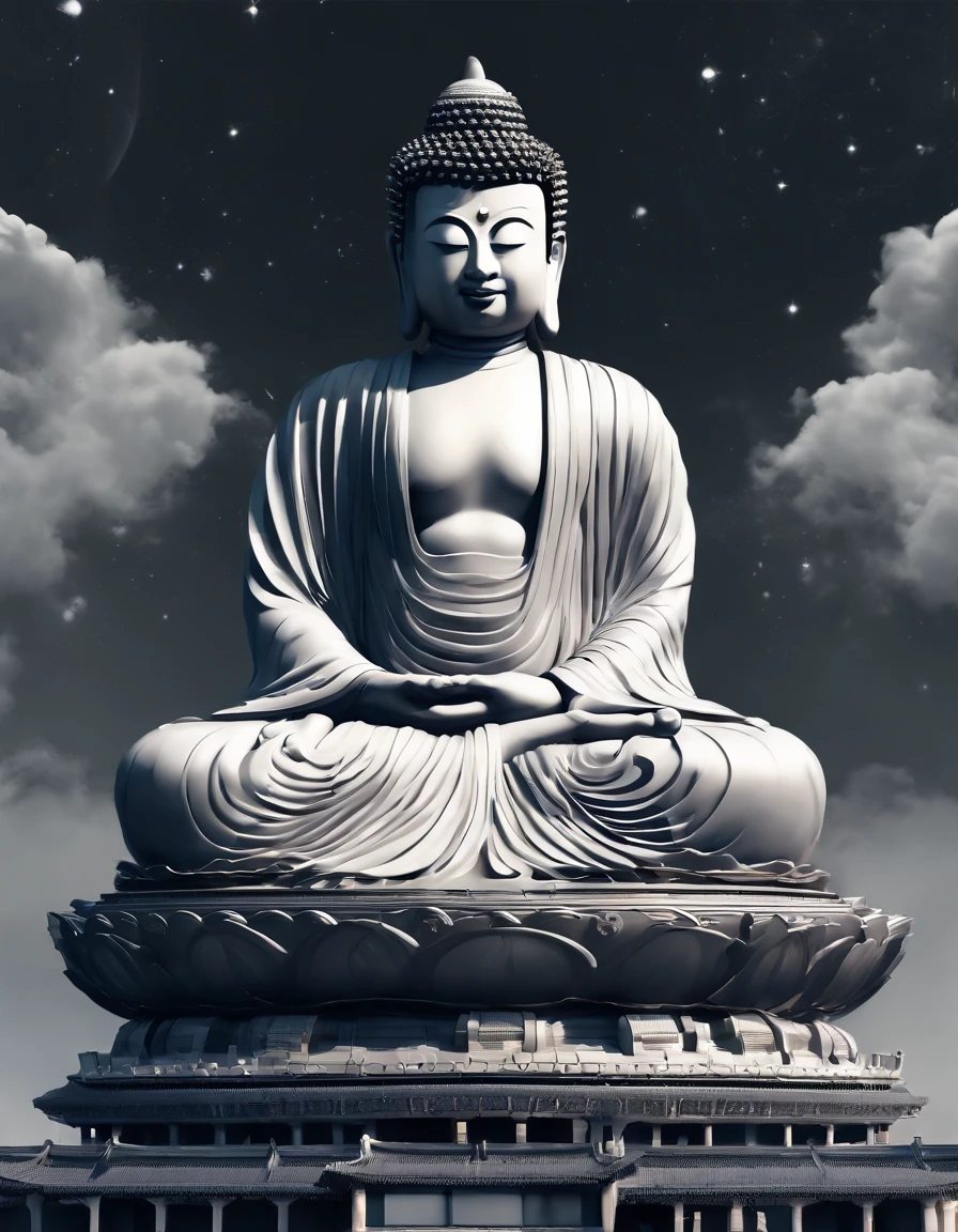 China-style，In the universe, The huge Maitreya Buddha statue stands in space，Gaze at the earth，Standing Buddha statue，with light glowing，Glow effects，Pilgrims on the road，Hyper-realistic，Ultra photo realsisim，Real Photographics，8K，High definition，high qulity，Works of masters，super-fine，Chinese black and white ink style，（（（white colors））），Decolorization，Smudge，ink，8K，super-fine，high qulity，（（（OC renderer）））