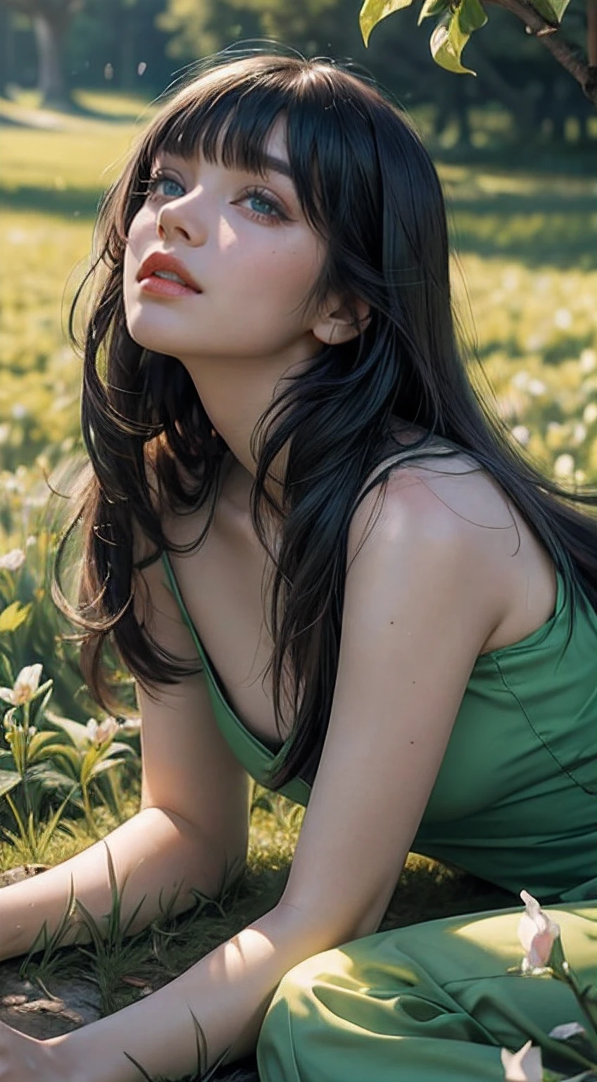 1 mature woman with black long sleek hair with flat bangs (long straight hair) (hair flying on the air) (green eyes), green princess clothes (green color), (masterpiece), soft sun light, (incredibly colorful), lightning falling on the ground, soft light on her face, (ultra high quality), (8K quality), depth of field, ambient lighting, ((soft detail)), lily flower field background (lily flower petals flying on the air), she is laying in the middle of flower field ((laying down pose)) ((looking up while laying)), view from top down, white lighting effects, (realistic: 1.3), (max sharp) (detailed face) (detailed eyes), detailed lighting, perfect shadow, Masterpiece, best picture quality, nature landscape full of delicate leaves, petals of various colors slowly falling in the air, lighting excellent enough, overall picture quality very detailed and realistic, best illustration and best shadow effect.