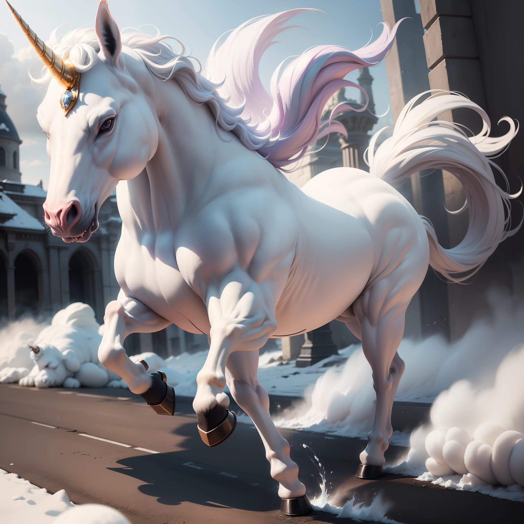 masutepiece, Super Detail, High quality, awardwinning, 8K, Powerful Unicorn, Solo, Running, More than the size of a horse, The body is all white, Paws are all white, (the eyes are dark blue), Fierce, Powerful, brave, Fast runner, Like in a fantasy movie, Mysterious