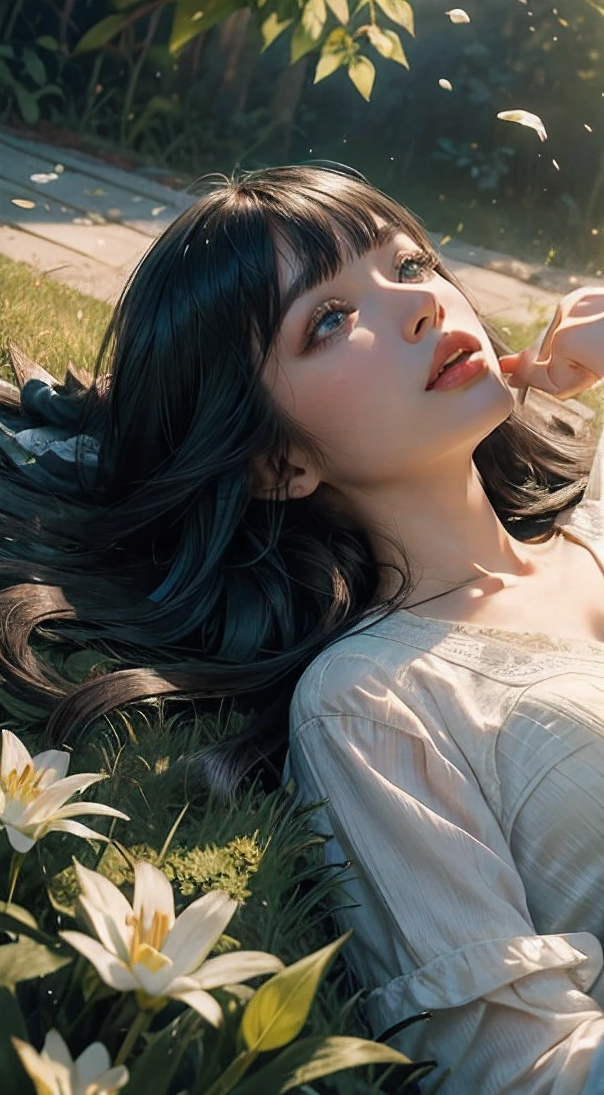 1 mature woman with black long sleek hair with flat bangs (long straight hair) (hair flying on the air) (green eyes), green princess clothes (green color), (masterpiece), soft sun light, (incredibly colorful), lightning falling on the ground, soft light on her face, (ultra high quality), (8K quality), depth of field, ambient lighting, ((soft detail)), lily flower field background (lily flower petals flying on the air), she is laying in the middle of flower field ((laying down pose)) ((looking up while laying)), view from top down, white lighting effects, (realistic: 1.3), (max sharp) (detailed face) (detailed eyes), detailed lighting, perfect shadow, Masterpiece, best picture quality, nature landscape full of delicate leaves, petals of various colors slowly falling in the air, lighting excellent enough, overall picture quality very detailed and realistic, best illustration and best shadow effect.