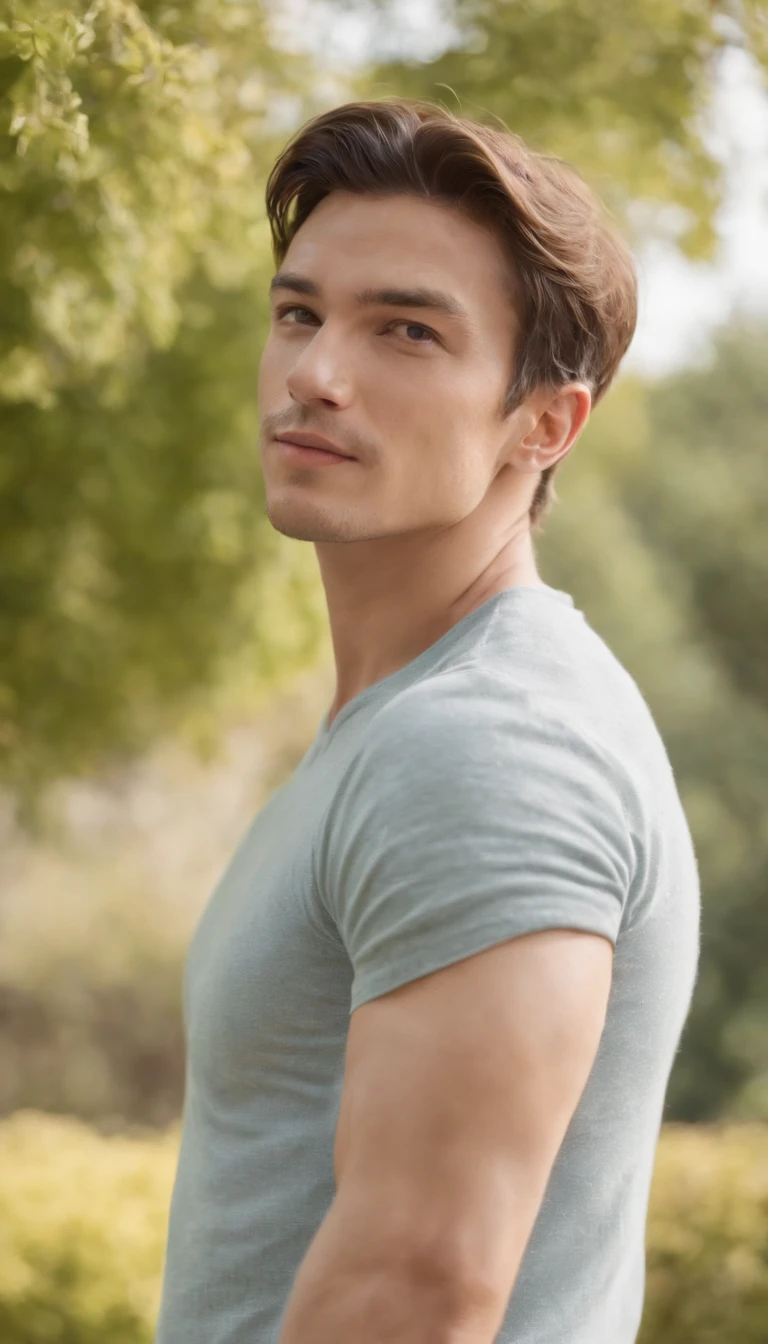 attractive young man, moving pose, low angle shot, natural lighting, sunny day, clear sky in the background, medium shot, high quality photo,upper body