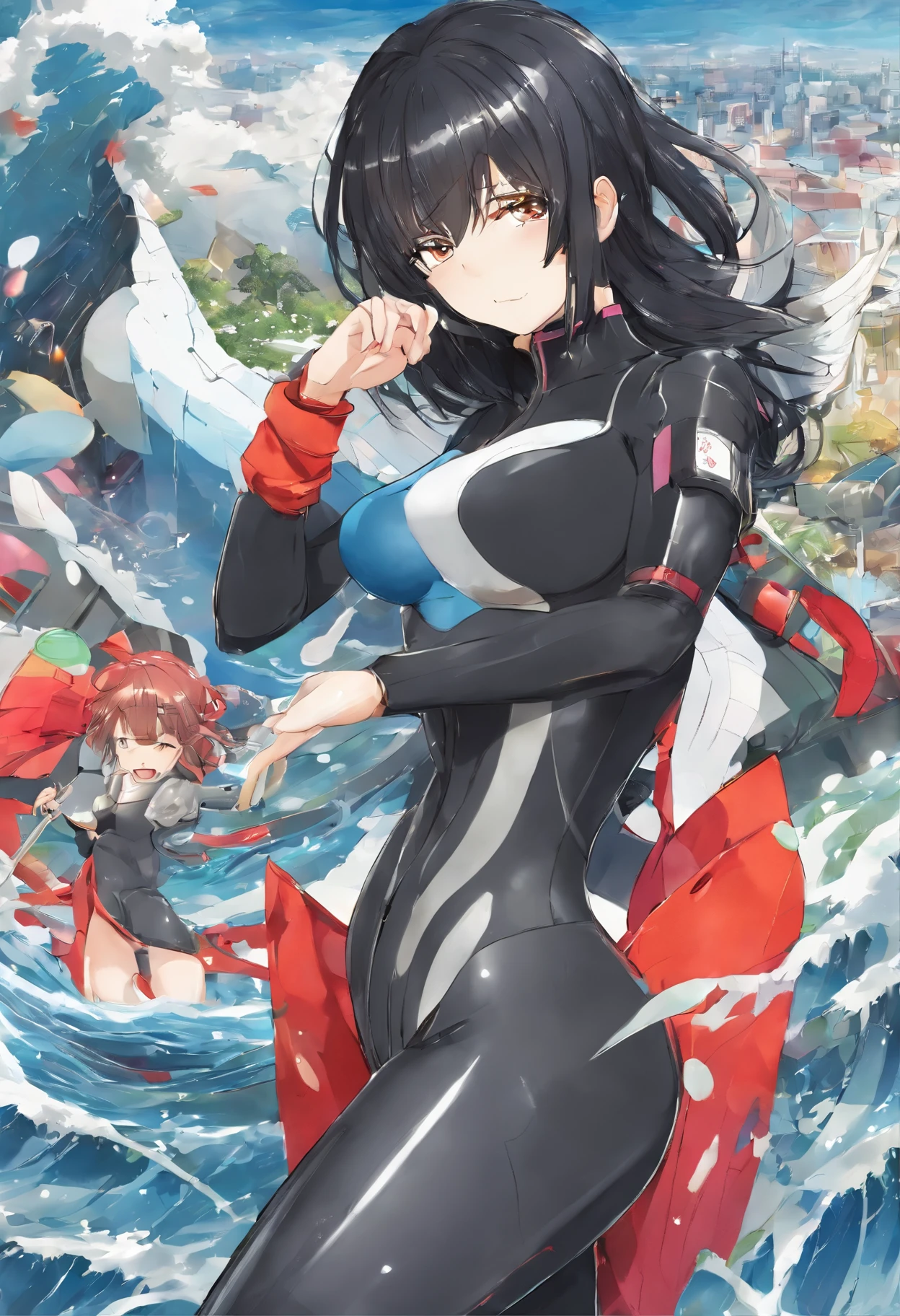 embarassed expression,bob cuts,A dark-haired,newhalf,wet suit,teats,The whole picture,Erect penis,Erect nipples,Breast bulge,
