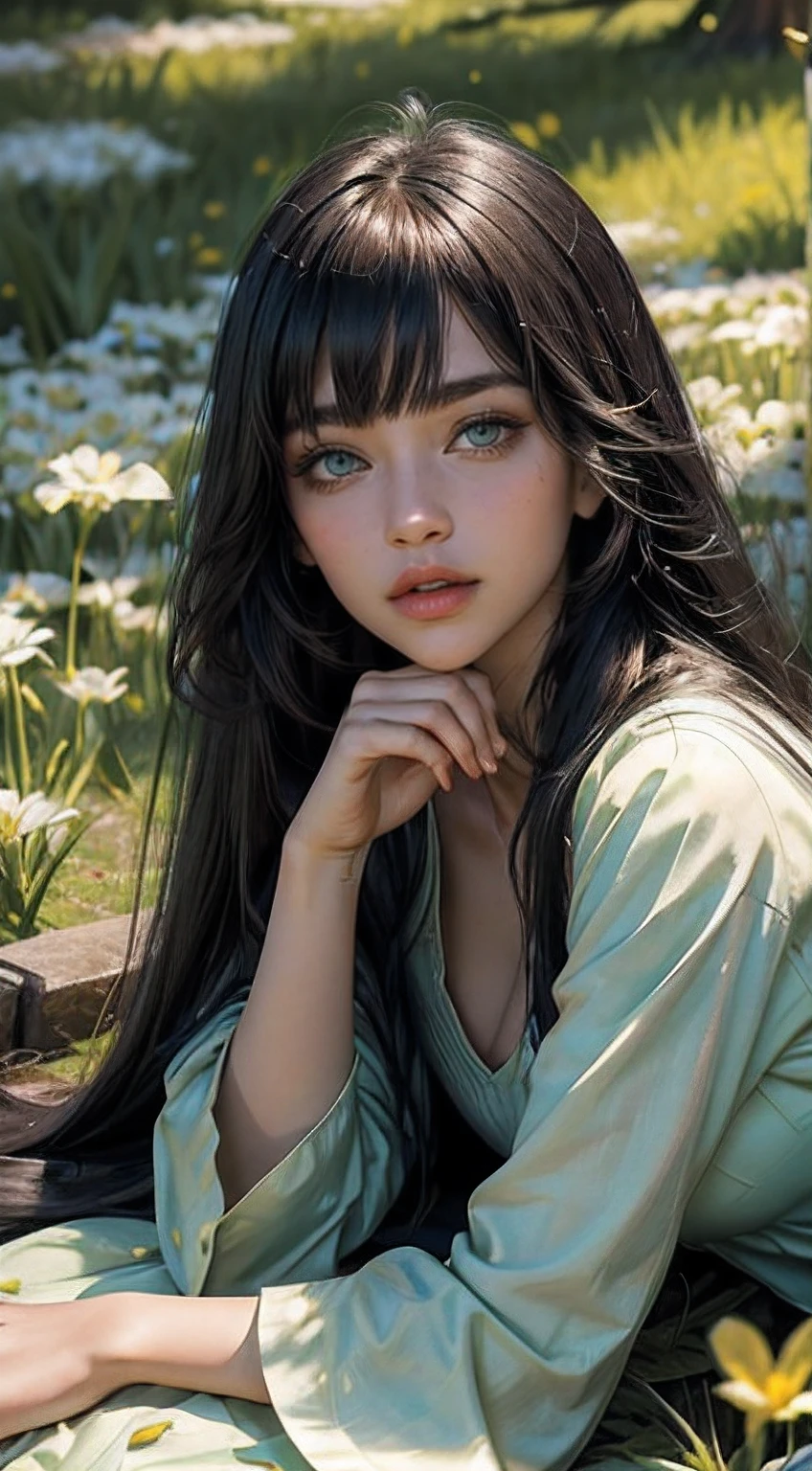 1 mature woman with black long sleek hair with flat bangs (long straight hair) (hair flying on the air) (green eyes), green princess clothes (green color), (masterpiece), soft sun light, (incredibly colorful), lightning falling on the ground, soft light on her face, (ultra high quality), (8K quality), depth of field, ambient lighting, ((soft detail)), lily flower field background (lily flower petals flying on the air), she is laying in the middle of flower field ((laying down pose)) ((looking up while laying)), view from top down, white lighting effects, (realistic: 1.3), (max sharp) (detailed face) (detailed eyes), detailed lighting, perfect shadow, Masterpiece, best picture quality, nature landscape full of delicate leaves, petals of various colors slowly falling in the air, lighting excellent enough, overall picture quality very detailed and realistic, best illustration and best shadow effect.