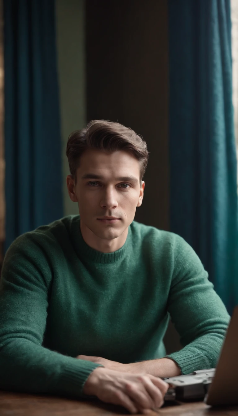man in green sweater, in tired attitude, in front of retro typewriter, crumpled papers on table and dark blue curtains in background, back lighting with fill light, medium shot, high quality photo