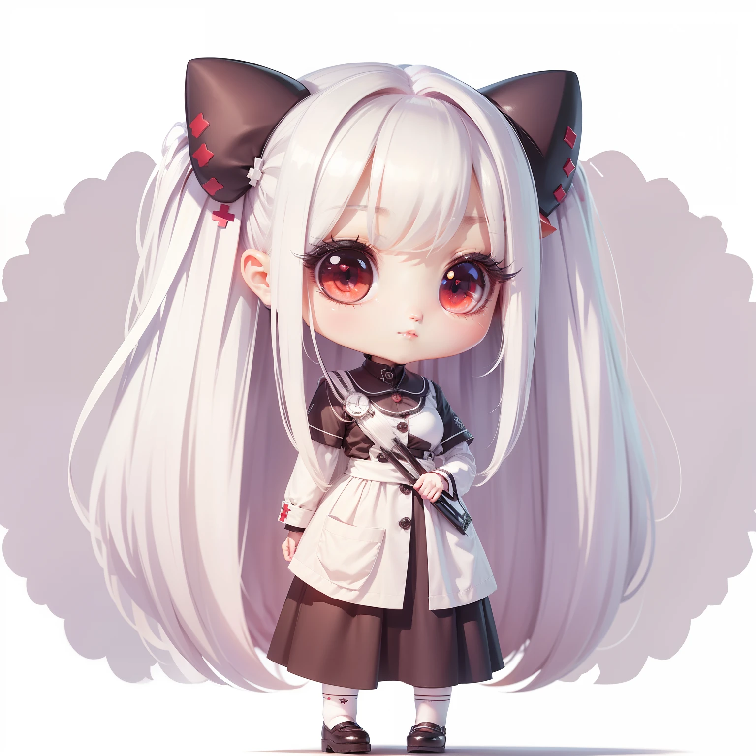 masterpiece、detaileds、Soft lighting、nurse、Nurse Uniform、Goth cat girl with long white hair、Red-eyed chibi、white backgrounid、simple background、