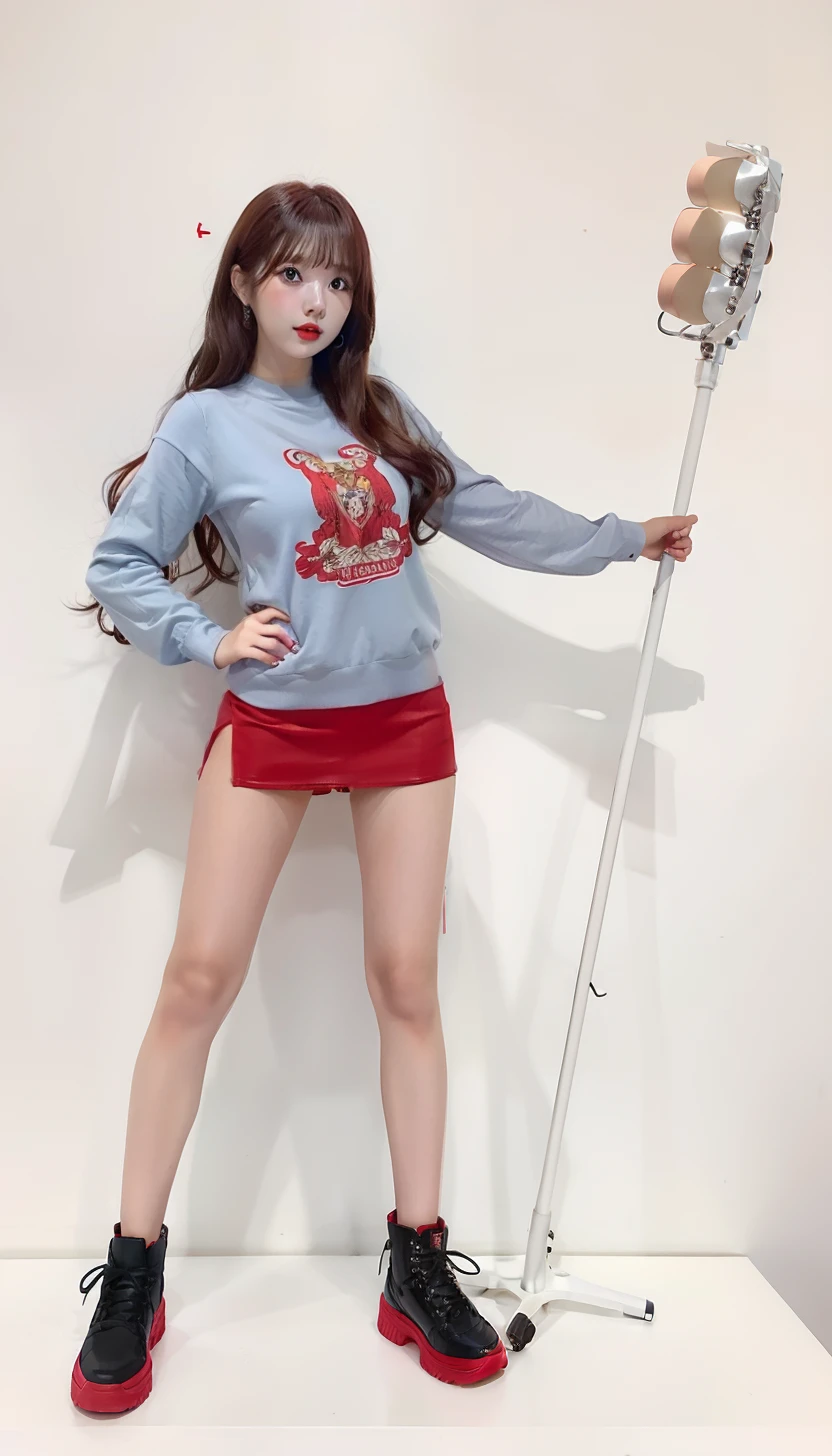 Young woman in red tight skirt、long red-brown hair、With a mop