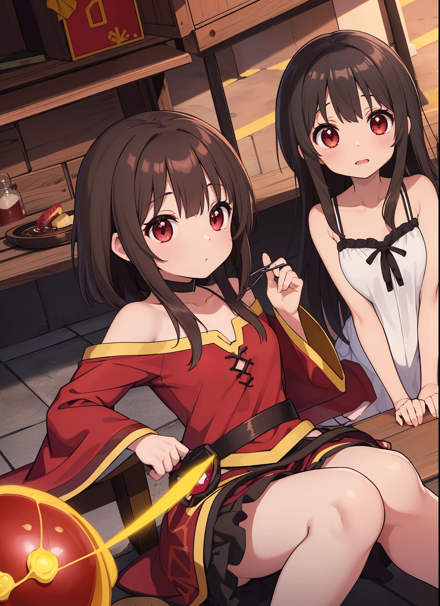 (Megumin, Contornos detalhados e bonitos,Luz branca,luz suave,luz natural,Pele branca:1.3),(cabelo curto,cabelos castanhos,olhos vermelhos,sobre as coxas dos joelhos, Hands hidden behind the backdia,blue skies,red eyes),rosas vermelhas,Olhando para o telespectador, vestido vermelho