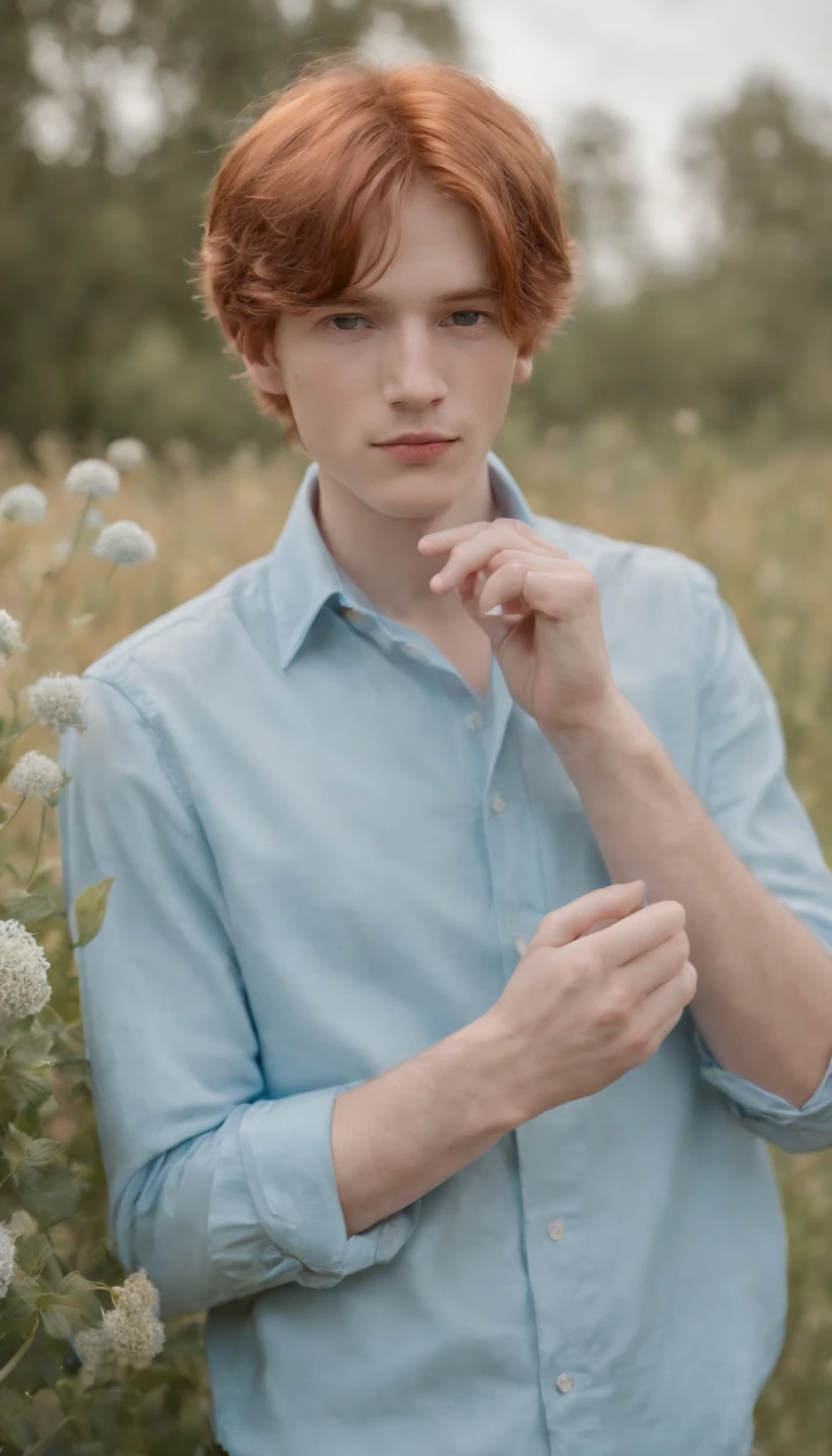 red-haired teenage boy in a sky blue formal shirt, 70s style, holding a flower in his hand, romantic look, half length shot, front lighting, background with tapestry of tiny flowers, high quality photo