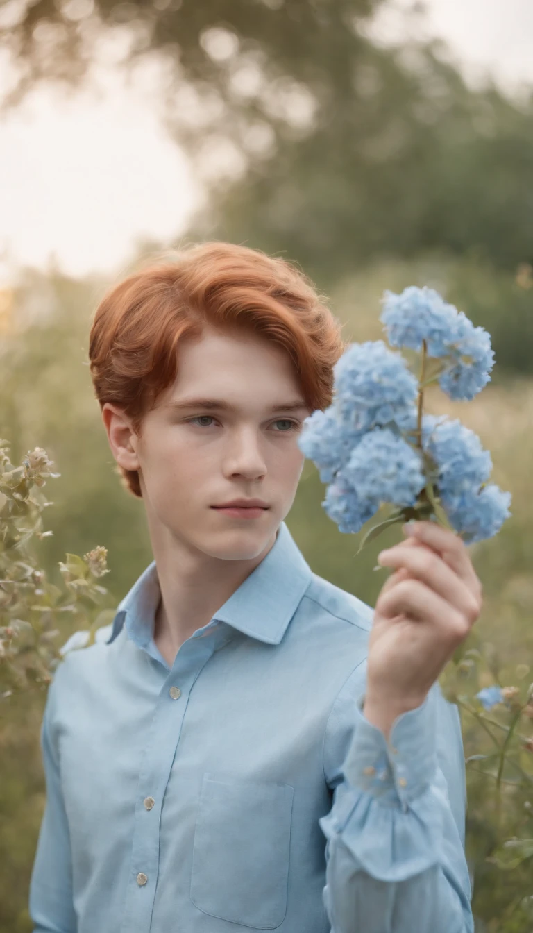 red-haired teenage boy in a sky blue formal shirt, 70s style, holding a flower in his hand, romantic look, half length shot, front lighting, background with tapestry of tiny flowers, high quality photo