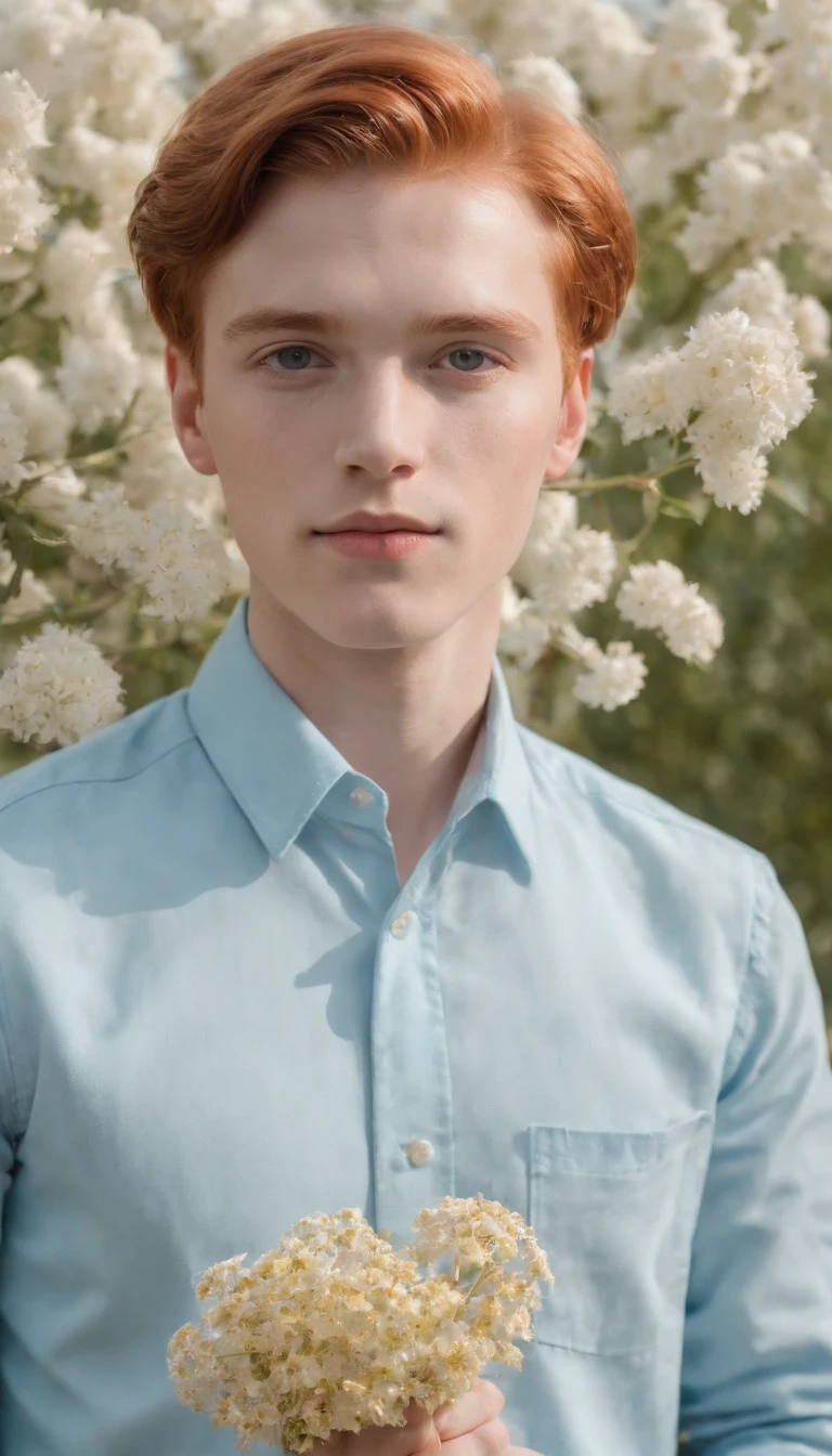 red-haired age boy in a sky blue formal shirt, 70s style, holding a flower in his hand, romantic look, half length shot, front lighting, background with tapestry of tiny flowers, high quality photo