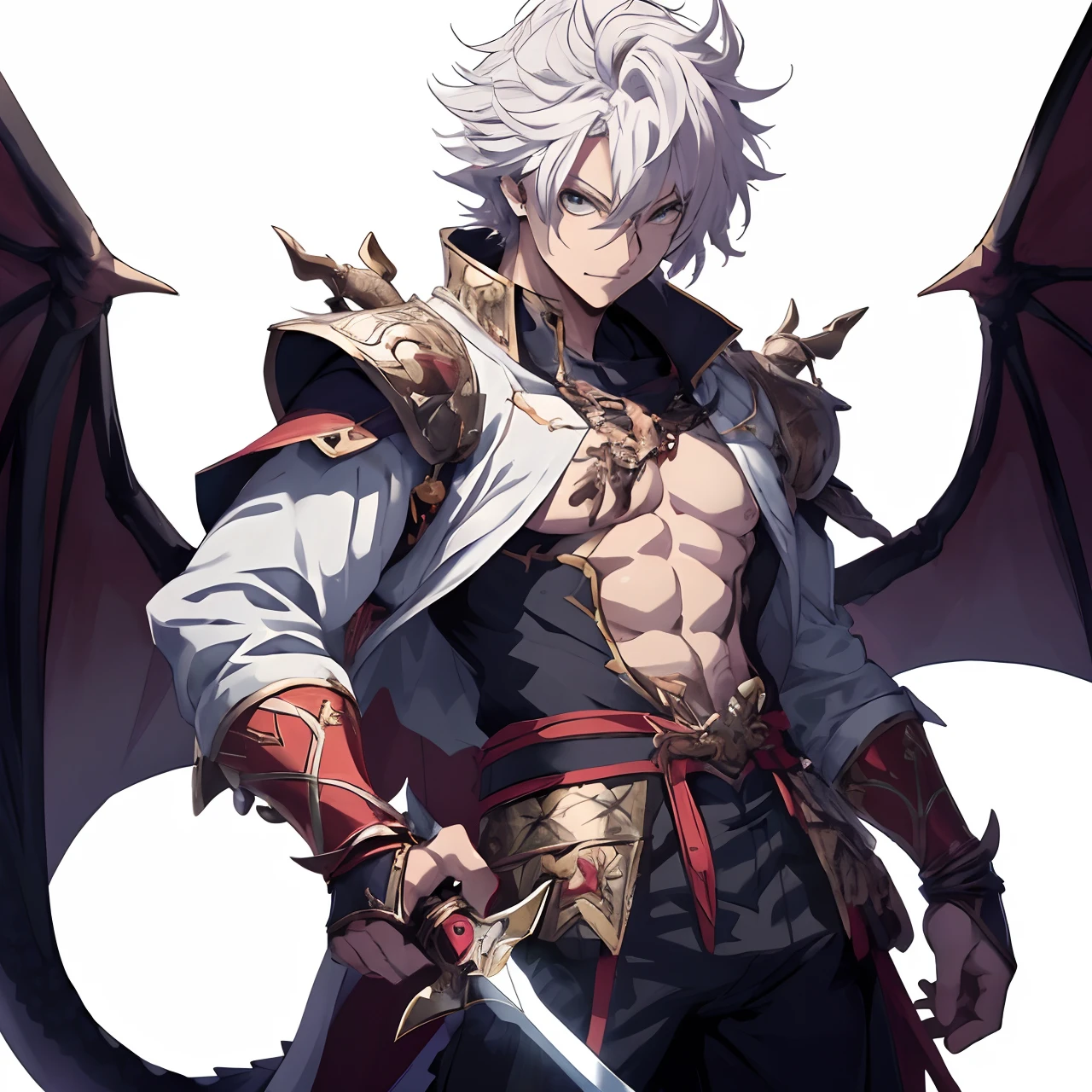Anime character with a sword and dragon on a white background, god of dragons, arte conceitual de deus, arte de anime em alta, human and dragon fusion, Deus do Submundo, arte de anime em alta, Otaku Gangasta, o deus do caos, trending on artstation pixiv, Deus masculino bonito da morte, legendary god holding spear, inspirado em Okumura Masanobu