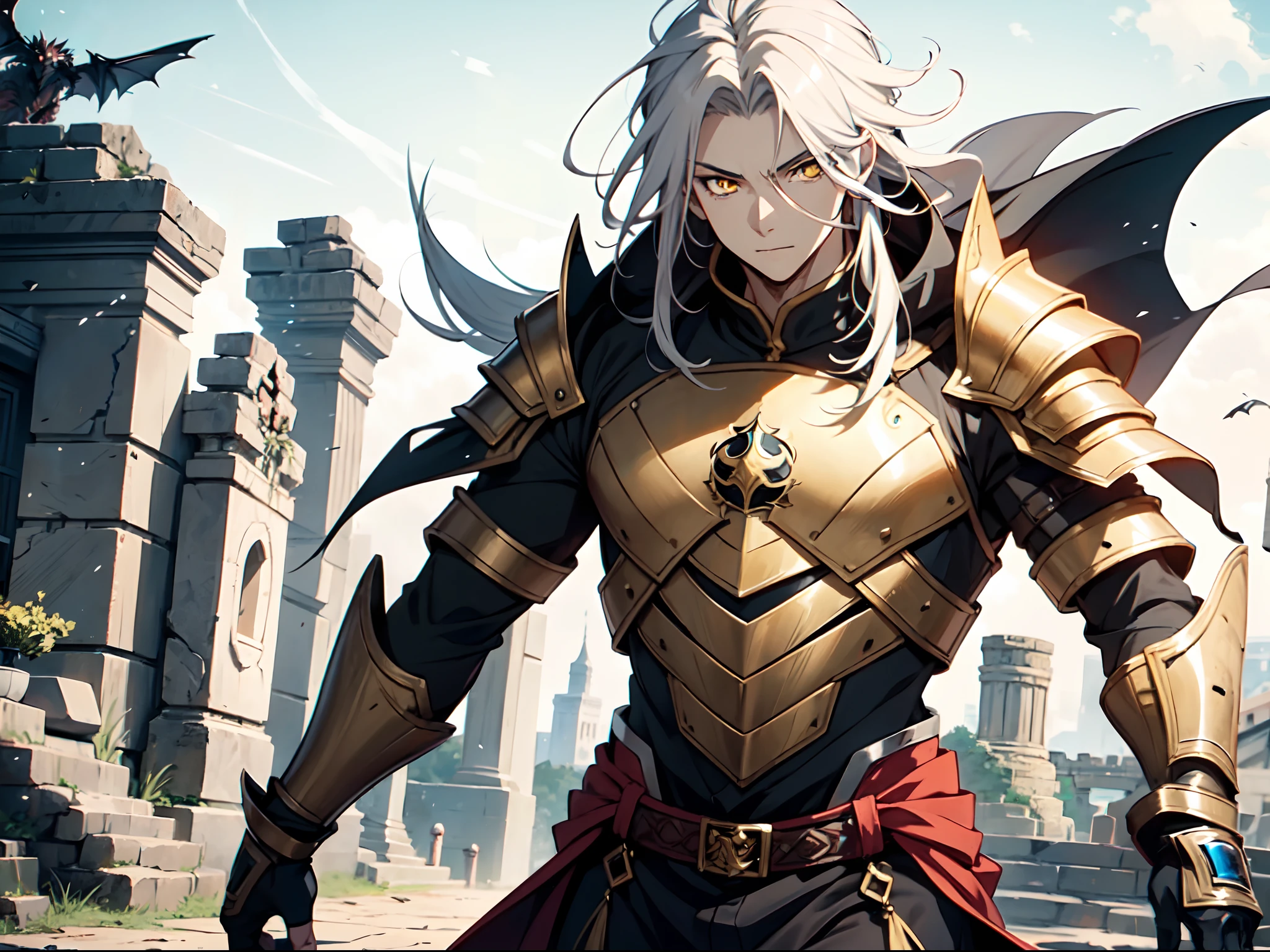 1 boy, Xin from Kingdom anime, armored with dragon armor, ultra high definition, 8k, handsome,black and yellow pupil eyes, long white hair, ancient kingdom background