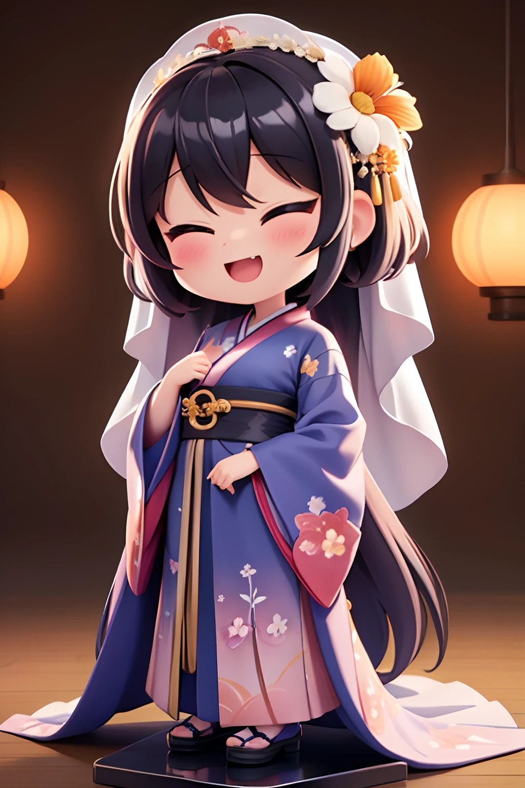 photoRealstic、Nedroid in wedding dress arranged in kimono standing in front of the painting、Open mouth and big smile、watercolor Nendoroid、(High Definition Figure)、Flowing iridescent silk、up of face、Eye Up、Colorcon with heart pattern、Floral dress、There are also flowers in front of the nendroids、flower petals、season!!: 夏天☀ 🍂