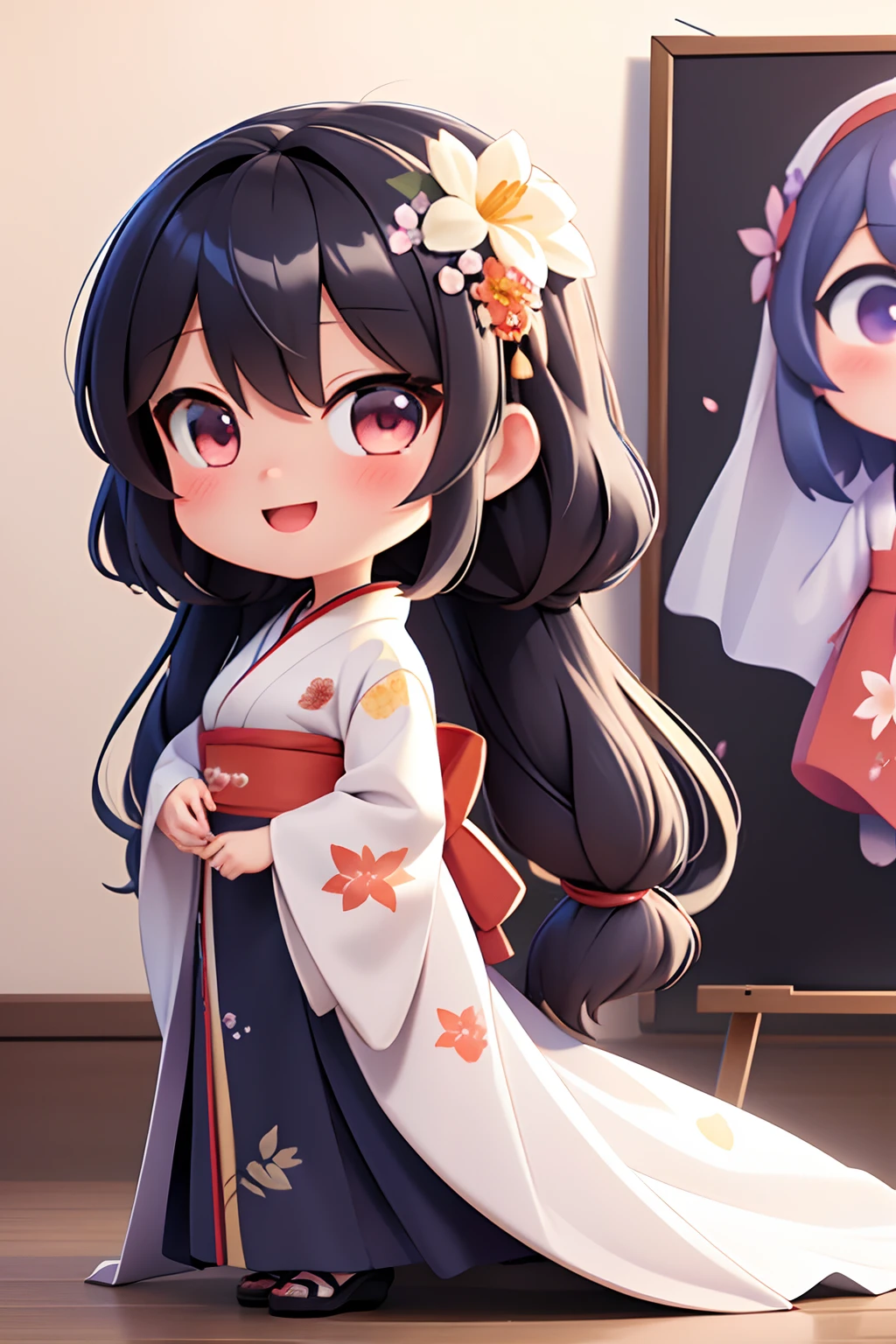 photoRealstic、Nedroid in wedding dress arranged in kimono standing in front of the painting、Open mouth and big smile、watercolor Nendoroid、(High Definition Figure)、Flowing iridescent silk、up of face、Eye Up、Colorcon with heart pattern、Floral dress、There are also flowers in front of the nendroids、flower petals、season!!: 夏天☀ 🍂