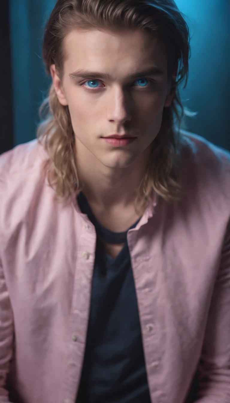 a young man with pink and blue eyes is photographed with his hair, in the style of neon realism, light and shadow play, layered imagery, volumetric lighting, split toning, surreal human figures, goerz hypergon 6.5mm f/8