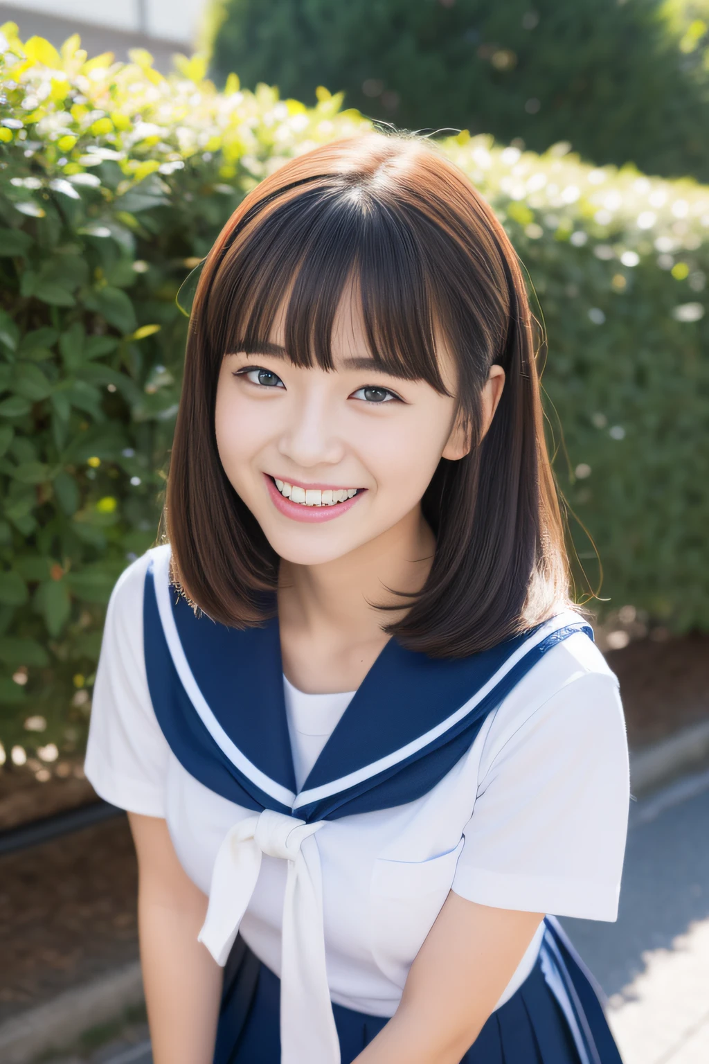 (1 girl, Solo, Japanese girl), ,Best Quality, masutepiece, 8K, High resolution, Ultra-detailed, (portrait), black hair, short hair, hair clip, shiny skin, healthy, flat chest, smile, student, uniform, white collared shirt, bowtie, summer, blue sky, thunder head, ocean,