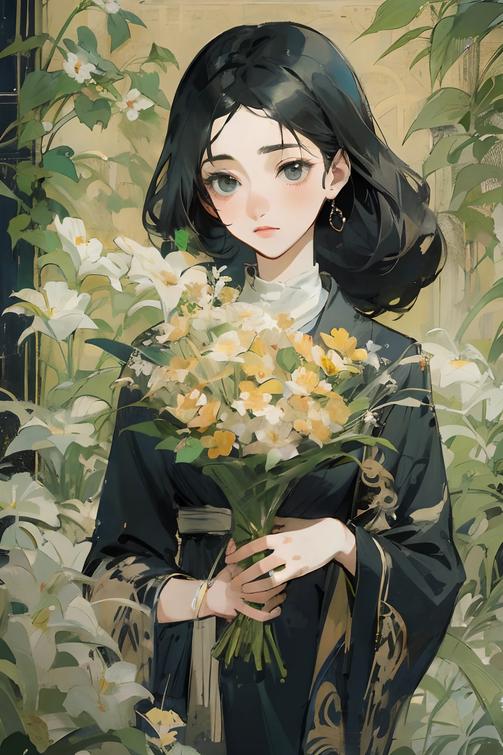 there is a woman holding a bunch of flowers in her hand, digital art of an elegant, with flowers, anime girl wearing a black dress, in the art style of bowater, inspired by Ma Yuanyu, holding flowers, in style of digital illustration, female portrait with flowers, inspired by Itō Shinsui, elegant girl, a beautiful artwork illustration