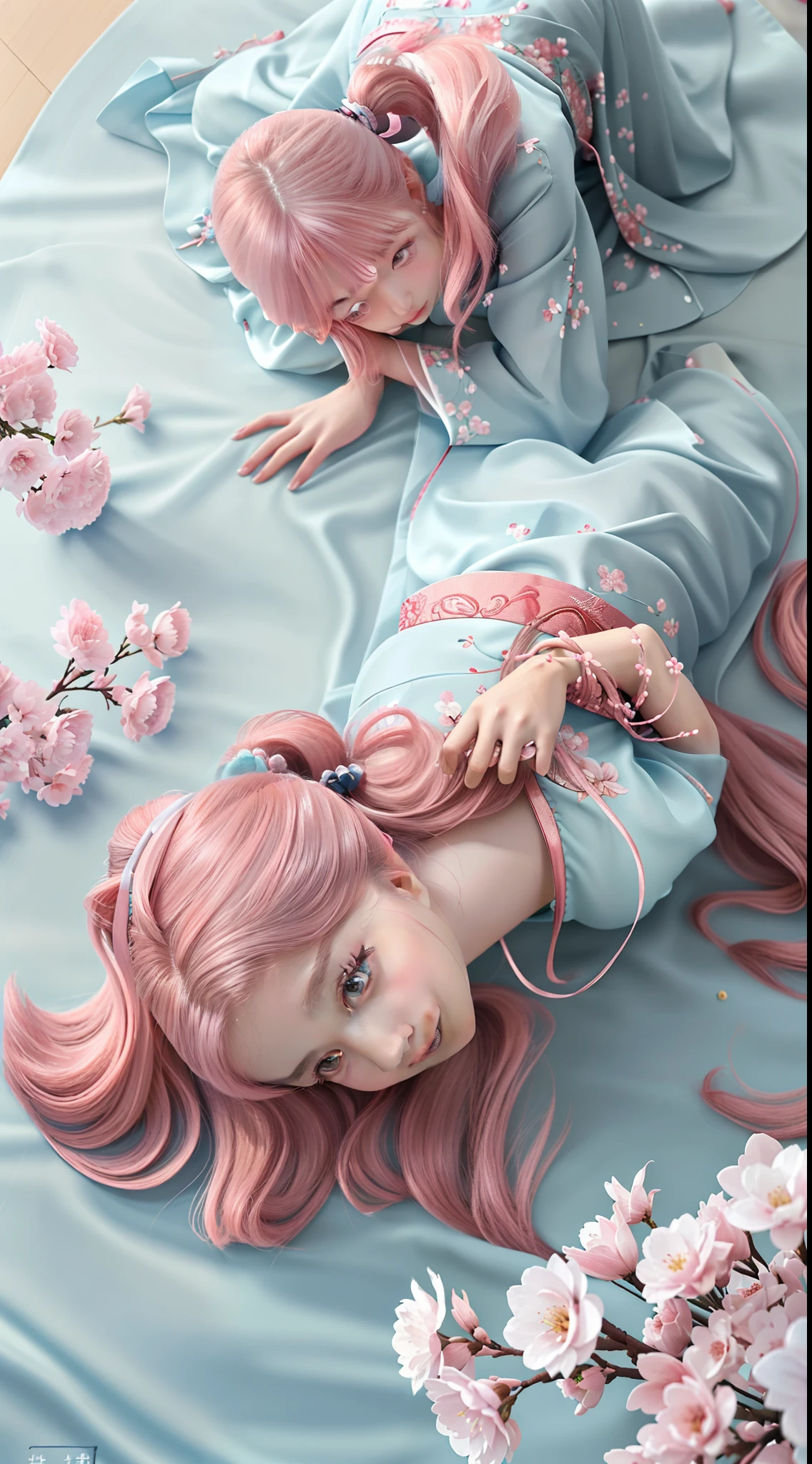 (Best quality,4K,8K,A high resolution,Masterpiece:1.2),Ultra-detailed,(Realistic,Photorealistic,photo-realistic:1.37),Delicate depiction of cherry blossom motif on traditional Chinese gauze dress, Dynamically capture Tai Chi elements, Flowing fabric, vivid vivid colors, Pastel tones, Soft and dreamy lighting, Focus on exquisite craftsmanship, Dynamic movements, Detailed rendering of intricate floral embroidery, Elegant and elegant gesture, Porcelain-like skin, long pink twintails, soft blue eyes, Subtle and flawless makeup, Surreal wallpapers