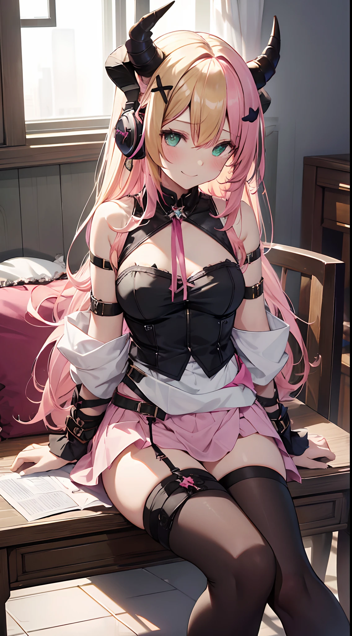 masterpiece, best quality, highres, aloe1, 1girl, solo, pointy ears, multicolored hair, asymmetrical horns, demon horns, hair ornament, blonde hair, chest harness, thighhighs, long hair, asymmetrical legwear, pink hair, sleeveless, bare shoulders, demon tail, thigh strap, wrist cuffs, green eyes, arm strap, skirt, horn bow, mismatched legwear, sleeveless horn ornament, bangs, headphones around neck, uneven legwear, hair between eyes,  indoors, spread legs, cafe, sitting, (pink panties:1.1), embarrassed, smile,