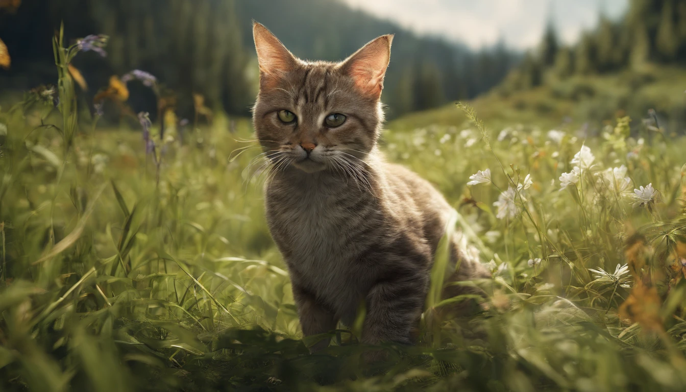 A cat stood in the grass on the hill, High quality wallpaper, in a scenic background, wallpaper - 1 0 2 4, high-quality wallpaper, Beautiful wallpaper, Nature outside, amazing wallpapers, wallpaper hd, Super high resolution, high quality desktop wallpaper, Beautiful environment, beautiful high resolution, Wallpaper phone, Sunny environment, cat in the forest