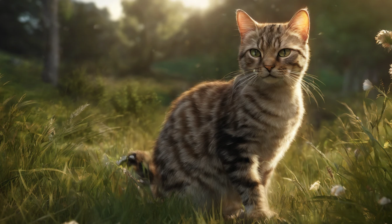 A cat stood in the grass on the hill, High quality wallpaper, in a scenic background, wallpaper - 1 0 2 4, high-quality wallpaper, Beautiful wallpaper, Nature outside, amazing wallpapers, wallpaper hd, Super high resolution, high quality desktop wallpaper, Beautiful environment, beautiful high resolution, Wallpaper phone, Sunny environment, cat in the forest