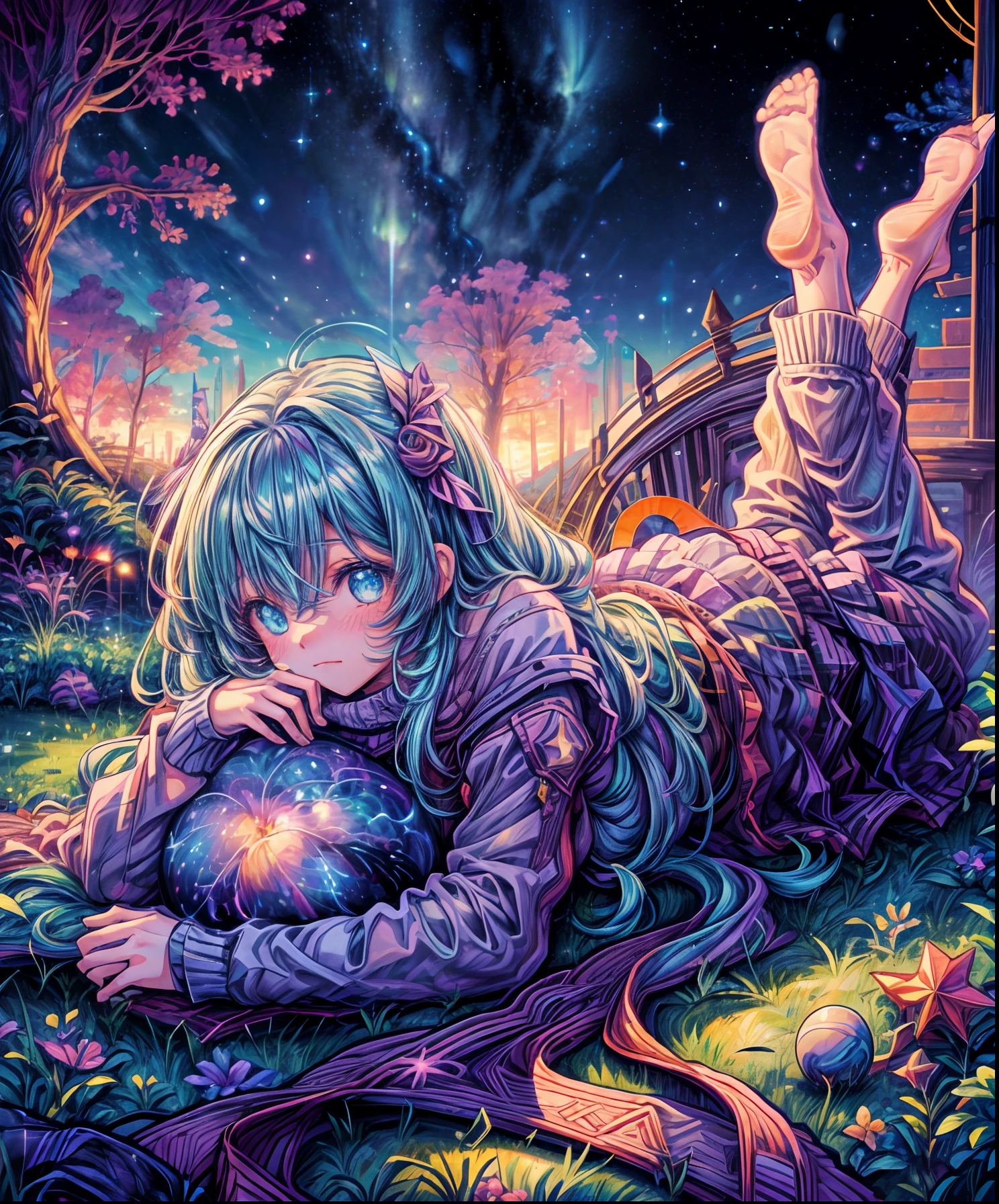 Describe a scene where a cute girl character is lying on a grassy hill, Looking up at the starry sky. Surround her with colorful nebulae and her favorite constellations.