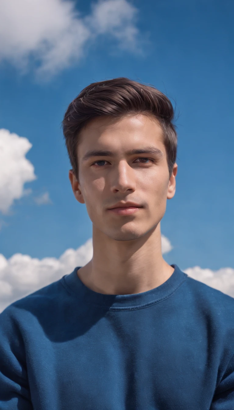 man dressed in indigo blue sweatshirt, a cloud covers his head, sky in the background, daylight, vibrant colors, high quality photo