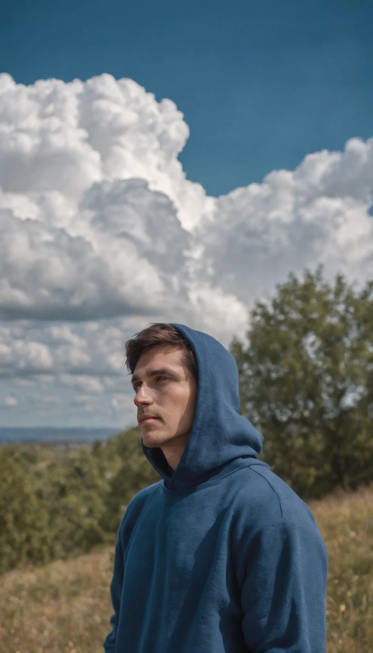 man dressed in indigo blue sweatshirt, a cloud covers his head, sky in the background, daylight, vibrant colors, high quality photo
