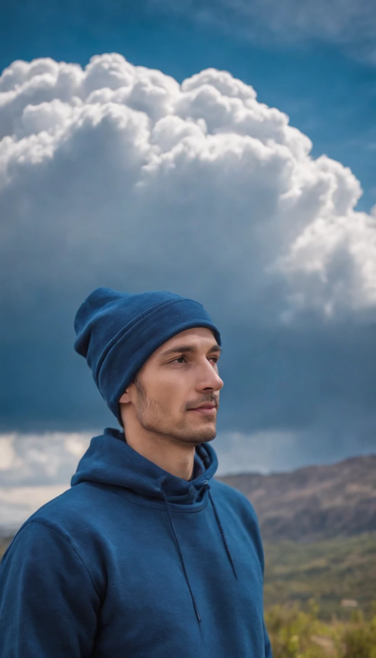 man dressed in indigo blue sweatshirt, a cloud covers his head, sky in the background, daylight, vibrant colors, high quality photo