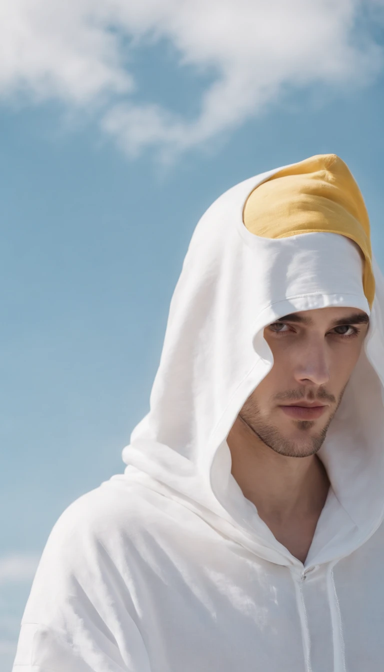 a male model with a white hood surrounded by blue sky, in the style of minimalist textiles, kodak gold 200, detailed texture, flickr, loose forms, yellow and white, tinycore