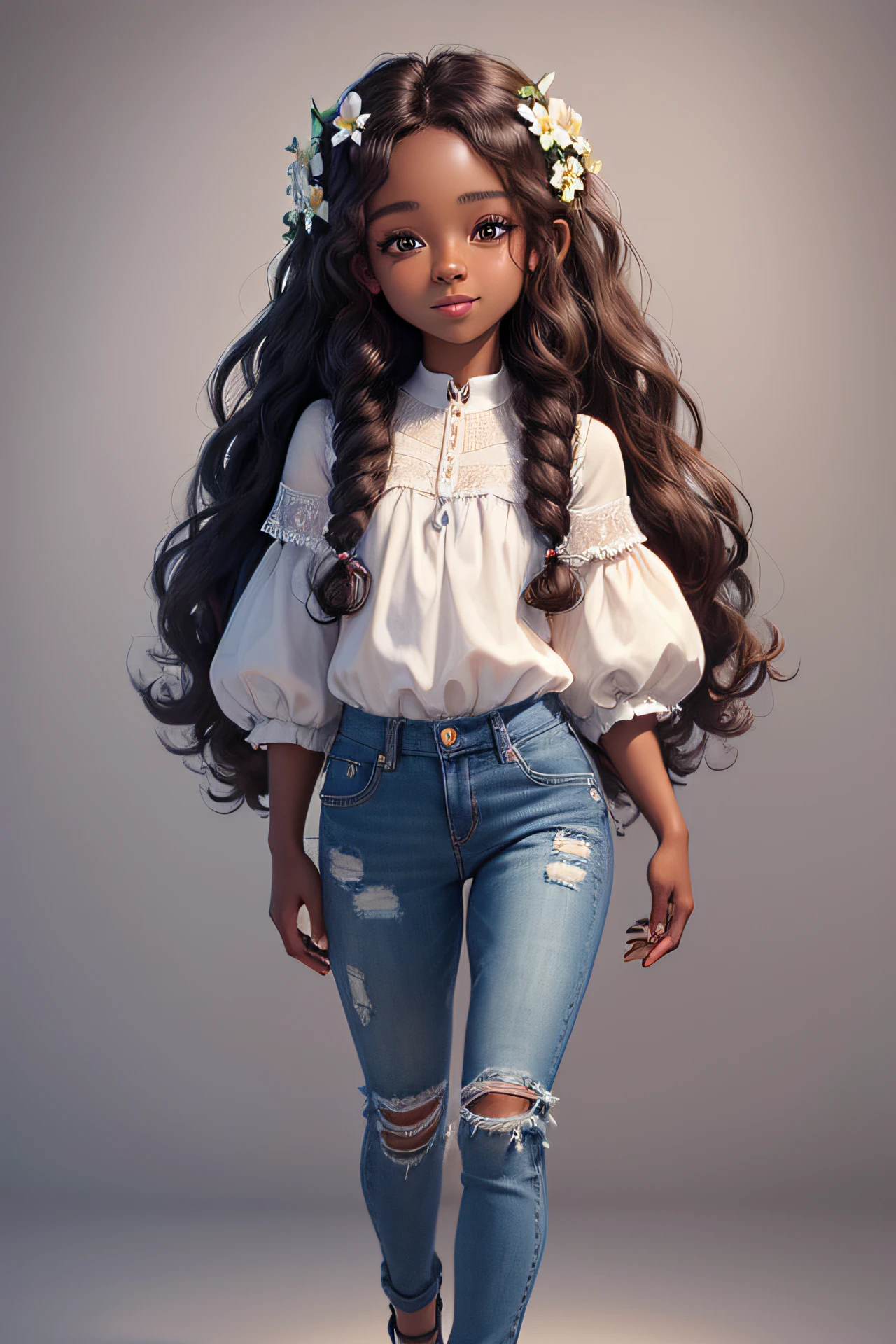 chibi "1boy" (man) small African dark brown skin:5, cute smile, walking in the field ((full body))) "((with coffee))" realistic shadows, sparkling eyes, detailed skin, slightly sparkling light green eyes , pose for photo, long and curly brown hair, flowers in hair, rapunzel style, very detailed, highly detailed 8k face, perfect face shape, perfect full lips, perfect nose, beautiful and correct eyes, observant, wedding dress: 3.45, hair flowers, masterpiece, best quality, single, jeans, alone, advanced chibi