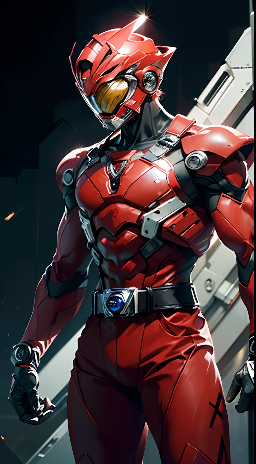 ((power rangers)), One guy、 Red costume, Solo, ((Slim figure)), (Anatomically correct), Cowboy shot, masked face, (Red composite tracksuit), (Well-designed hero set), Suitable for complex production lines, Thin one-piece influencer suit, Long leather gloves to white elbows,,,,, The arm sleeve is made of hard material, White leather boots, Wearing a full-face helmet, (White belt), (Large metal clasp), (Full body suit), (Full face helmet,No exposed face), Crystal embedded in the helmet, (Very shiny sportswear), Silk weave set, gym clothes that adhere to the body,dynamicposes