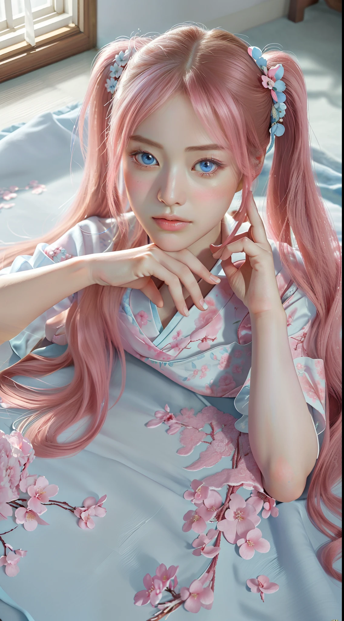 (Best quality,4K,8K,A high resolution,Masterpiece:1.2),Ultra-detailed,(Realistic,Photorealistic,photo-realistic:1.37),Delicate depiction of cherry blossom motif on traditional Chinese gauze dress, Dynamically capture Tai Chi elements, Flowing fabric, vivid vivid colors, Pastel tones, Soft and dreamy lighting, Focus on exquisite craftsmanship, Dynamic movements, Detailed rendering of intricate floral embroidery, Elegant and elegant gesture, Porcelain-like skin, long pink twintails, soft blue eyes, Subtle and flawless makeup, Surreal wallpapers