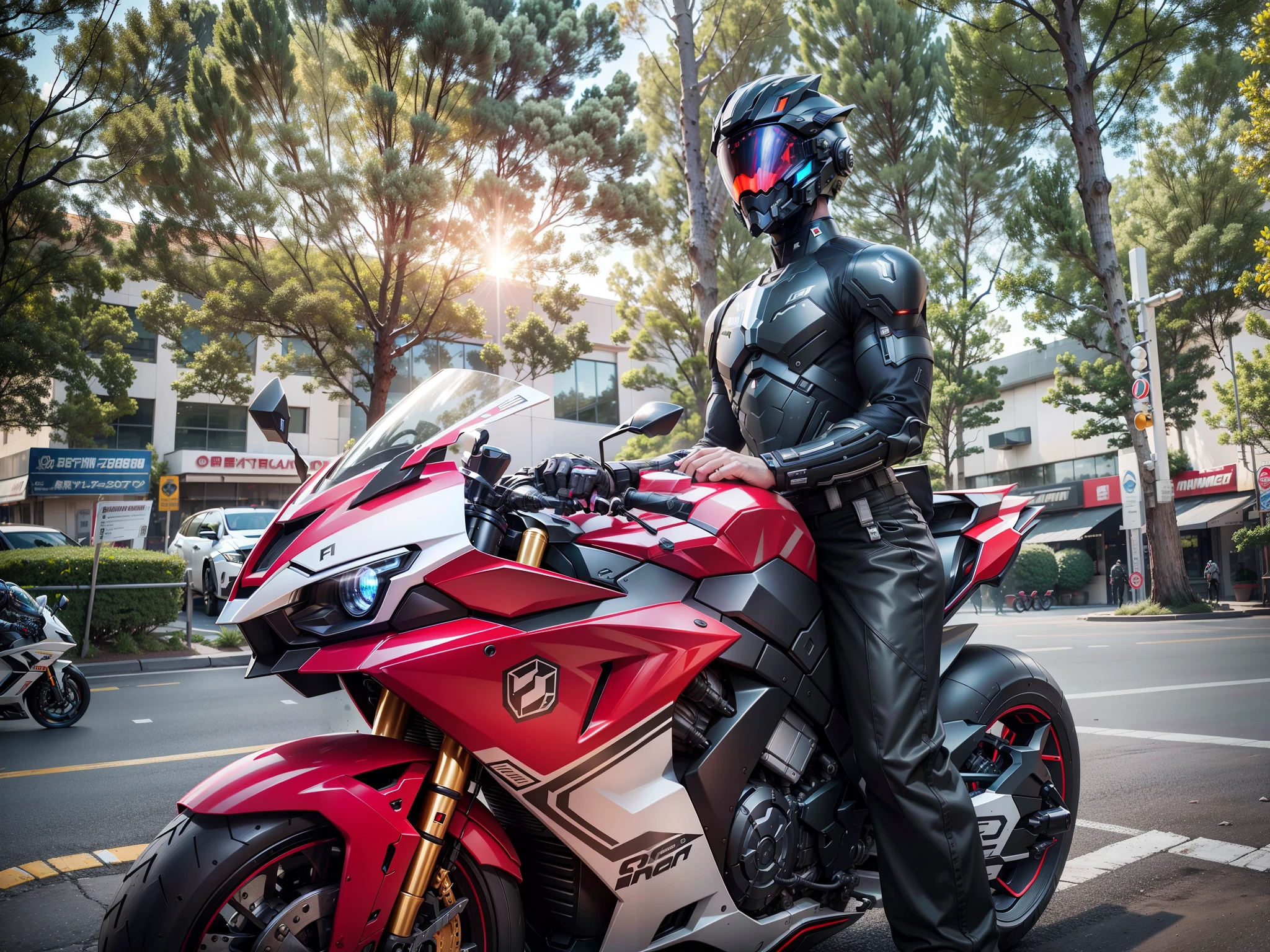 Handsome cyber handsome warrior with black mech，Black Cyber mechanical motorcycle，High-tech black full enveloping helmet，with short white hair，Nousr， Biomechanicals， MSHN Robot Man，High-tech helmet，hyper realisitc， Steel， Complex design， insanely details， finely detailled， Extremely clear lines， cinmatic lighting， photograph realistic， A detailed masterpiece