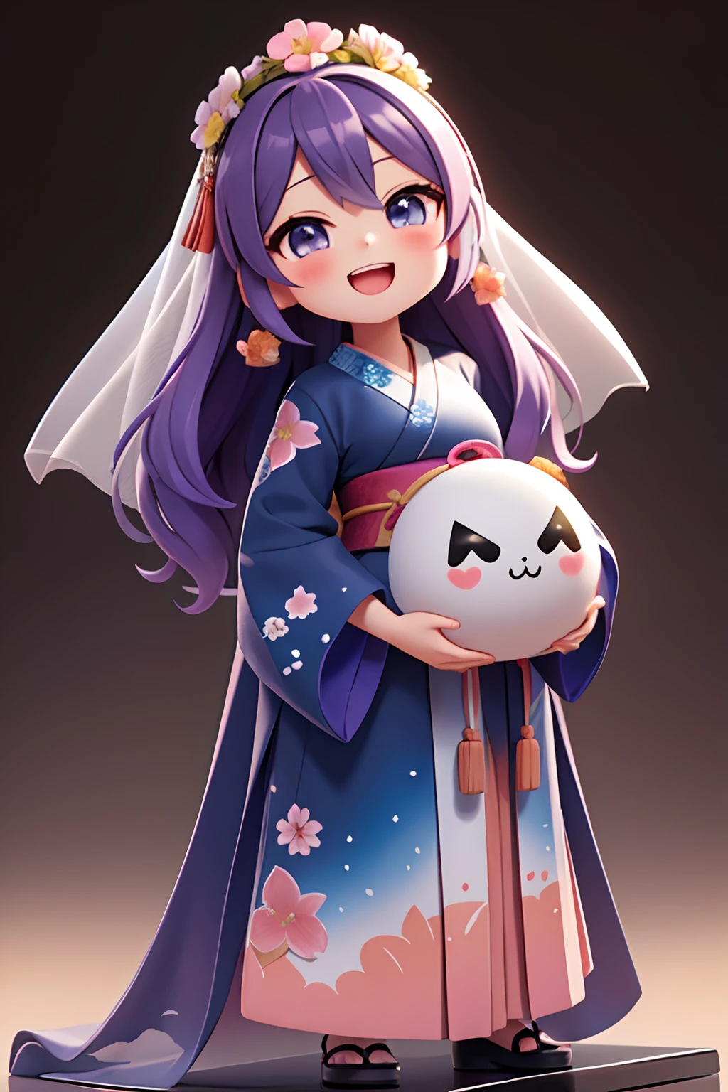 photoRealstic、Nedroid in wedding dress arranged in kimono standing in front of the painting、Open mouth and big smile、watercolor Nendoroid、(High Definition Figure)、Flowing iridescent silk、up of face、Eye Up、Colorcon with heart pattern、Floral dress、wave her hand、There are also flowers in front of the nendroids、flower petals、season!!: 夏天☀ 🍂