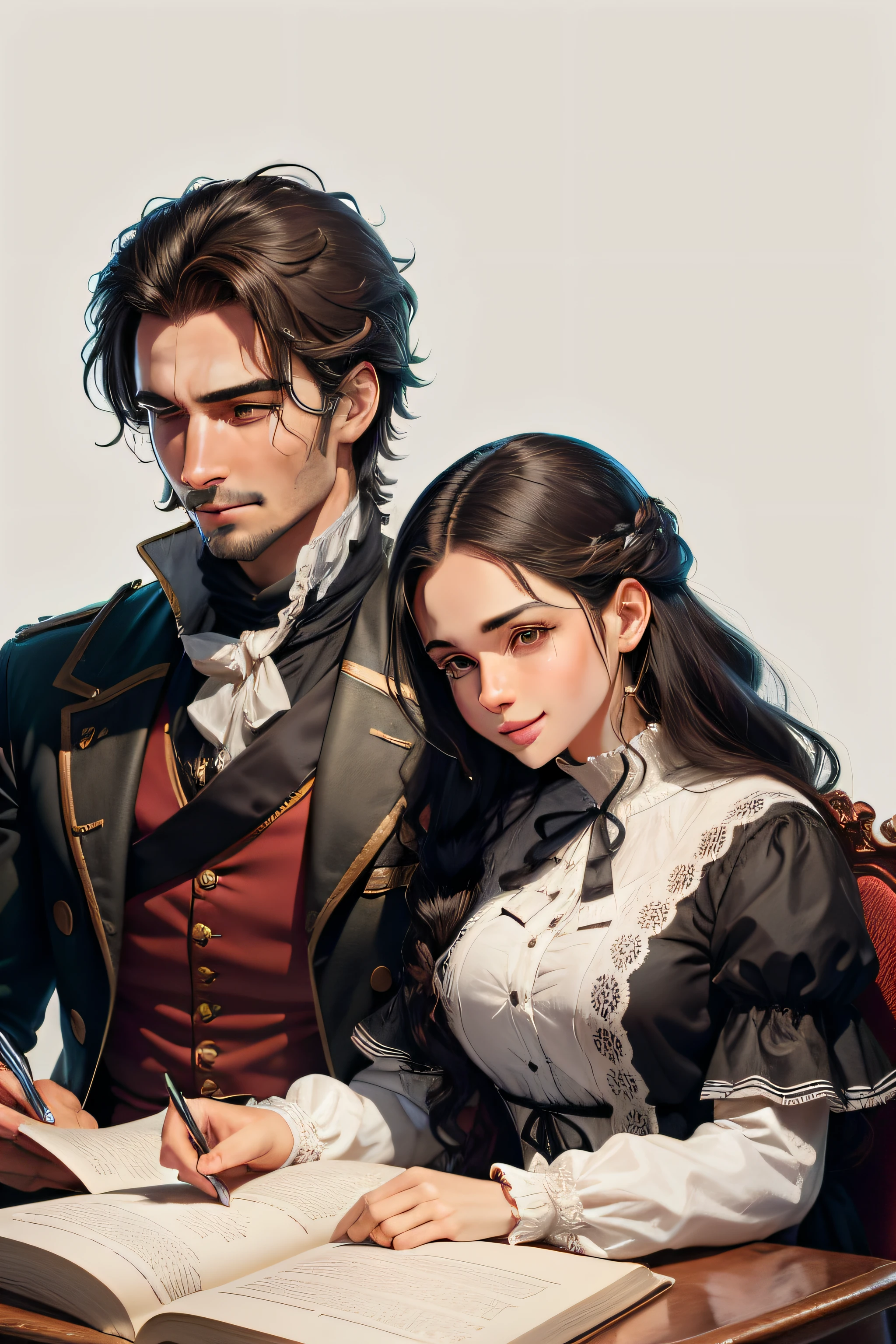 The Spanish Revolution of 1790, homem de 20 anos, robusto, cabelo preto encaracolado e menina de 18 anos, era casal, various poses and expressions on white background, Historical novel book illustration style, simples, cabelos castanhos compridos, Jaquetas individuais, cores claras, encontraram um livro velho na biblioteca da casa. They are smiling and looking passionate