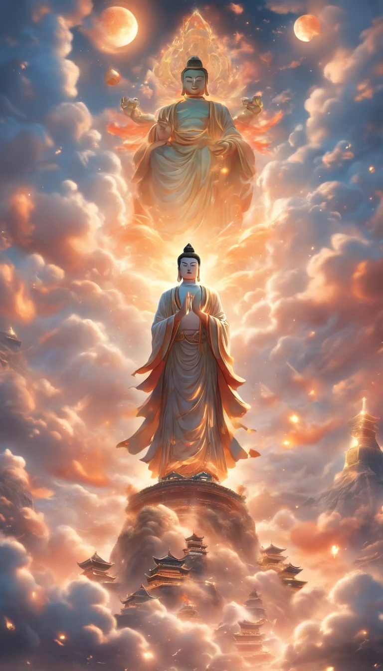 ((Masterpiece))，(Best quality))，China-style，In the sky, Clouds form a huge statue of Maitreya Buddha，Gaze at the earth，Standing Buddha statue，with light glowing，Glow effects，Pilgrims on the road，Hyper-realistic，Ultra photo realsisim，Real Photographics，8K，High definition，high qulity，Works of masters，super-fine，Chinese black and white ink style，（（（white colors））），Decolorization，Smudge，ink，8K，super-fine，high qulity，（（（OC renderer）））
