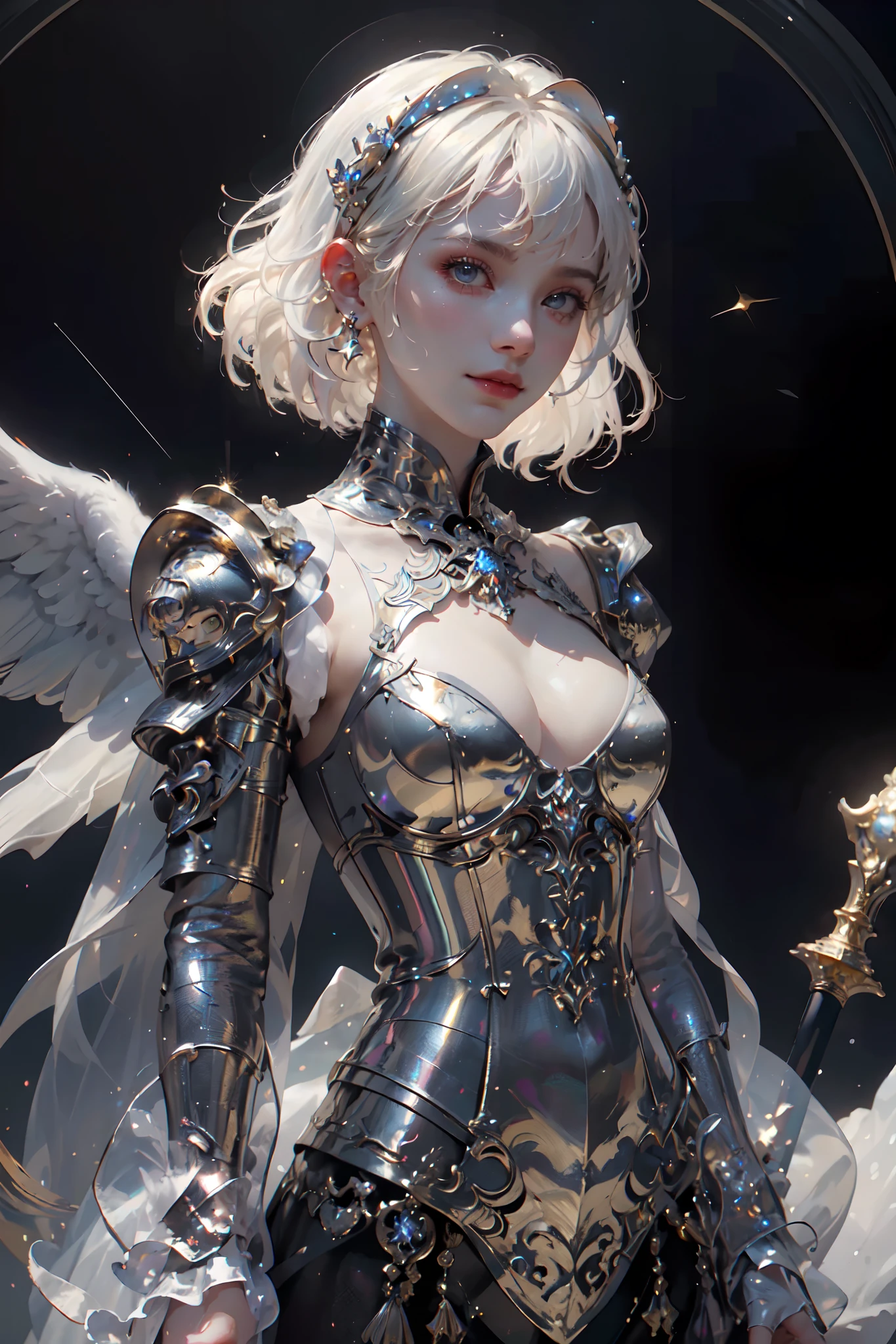 8K, Ultra detailed, Masterpiece, Best quality, (Extremely detailed), arafed, dnd art, Portrait, full bodyesbian, aasimar, Female, (Masterpiece 1.3, intense detail), full bodyesbian (intense detail, Masterpiece, Best quality: 1.5), Female, Epic fantasy paladin, Holy Warrior (intense detail, Masterpiece, Best quality: 1.5) large angelic wings, white angelic wings spread (intense detail, Masterpiece, Best quality: 1.5), Dark fantasy graveyard background, Moon light, Moon, stars, Clouds, Wearing heavy white armor (intense detail, Masterpiece, Best quality: 1.5), holy symbol, Armed with an epic sword (intense detail, Masterpiece, Best quality: 1.5), with short golden hair, Masculine, hyperdetailed face (intense detail, Masterpiece, Best quality: 1.5), Anatomically correct (intense detail, Masterpiece, Best quality: 1.5), Determined faces, god light, Cinematic lighting, Glowing light, Silhouette, From the outside, Photorealism, Panoramic view (intense detail, Masterpiece, Best quality: 1.5) , Wide-angle, Ultra-wide angle, 8K, A high resolution, Best quality, High details