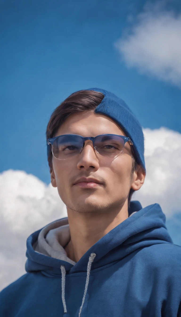 man dressed in indigo blue sweatshirt, a cloud covers his head, sky in the background, daylight, vibrant colors, high quality photo,upper body