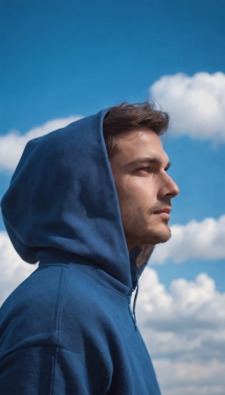 man dressed in indigo blue sweatshirt, a cloud covers his head, sky in the background, daylight, vibrant colors, high quality photo,upper body