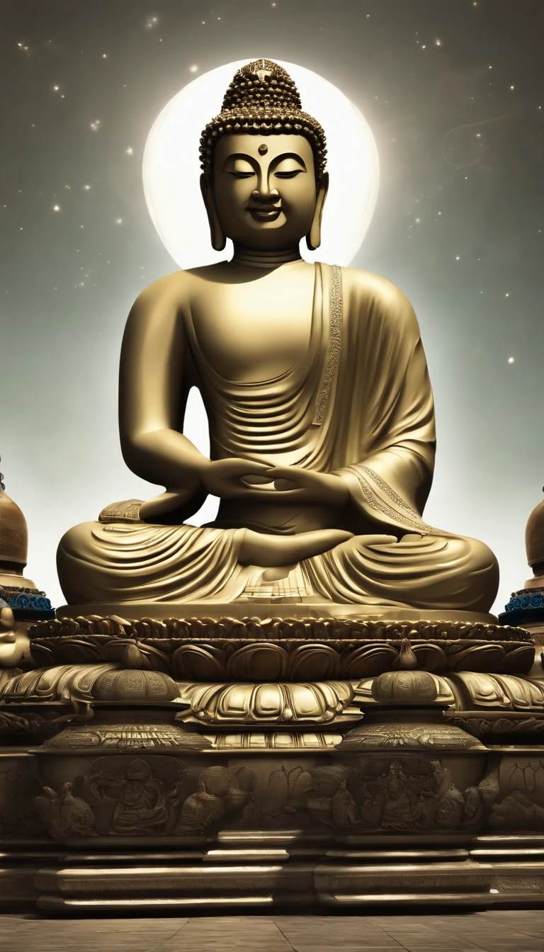 Maitreya, Maitreya Buddha, Maitreya, a large golden Buddha statue sitting in a room with a blue ceiling and a background of blue sky, clouds, above_clouds, airship, aurora, bridge, building, castle, chimney, city, city_lights, cityscape , clock, clock tower, clouds, cloudy sky, constellations, crescent, desert, earth_\(planet\), fireworks, floating islands, fountains, galaxies, glowing, houses, islands, lampposts, lanterns, light particles , galaxy, moon, mountain, night, night sky, no_humans, planet, landscape, meteor, sky, skyline, skyscraper, snow, snowing, space, star_\(sky\), star_\(symbol\), starry_sky, starry_sky_print, telescope, tower, town, twilight, ship