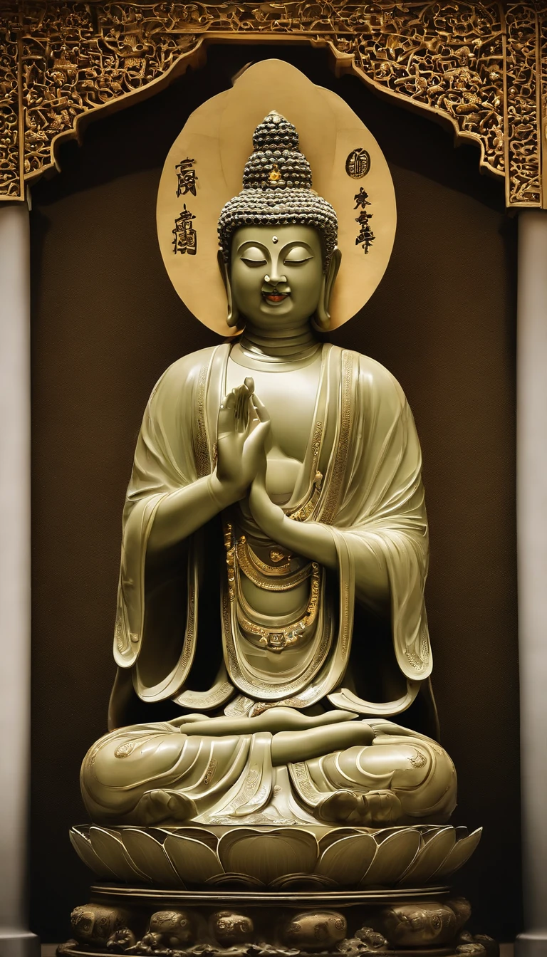 A small man, a big Buddha,One gold, one background, one lake。