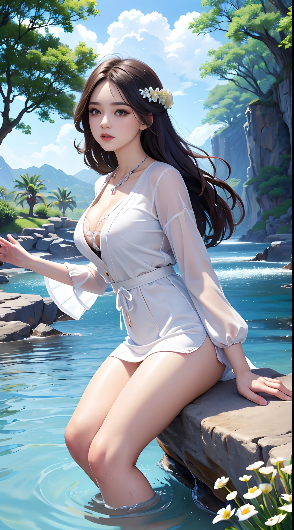 A beautiful beauty, ((cute round face: 1.5)), long hair, black hair, ((big eyes: 1.5)), long eyelashes, pout, small mouth, thick lower lip, round chin, necklace, slightly chubby plump, legs are visible,deep V, thin waist, sexy, white floral dress, cardigan, pearl round jade, background is alpine smoke, flowing water, surrounding flowers and trees, blue sky and white clouds, sunlight, texture realistic, high quality, HD, high resolution