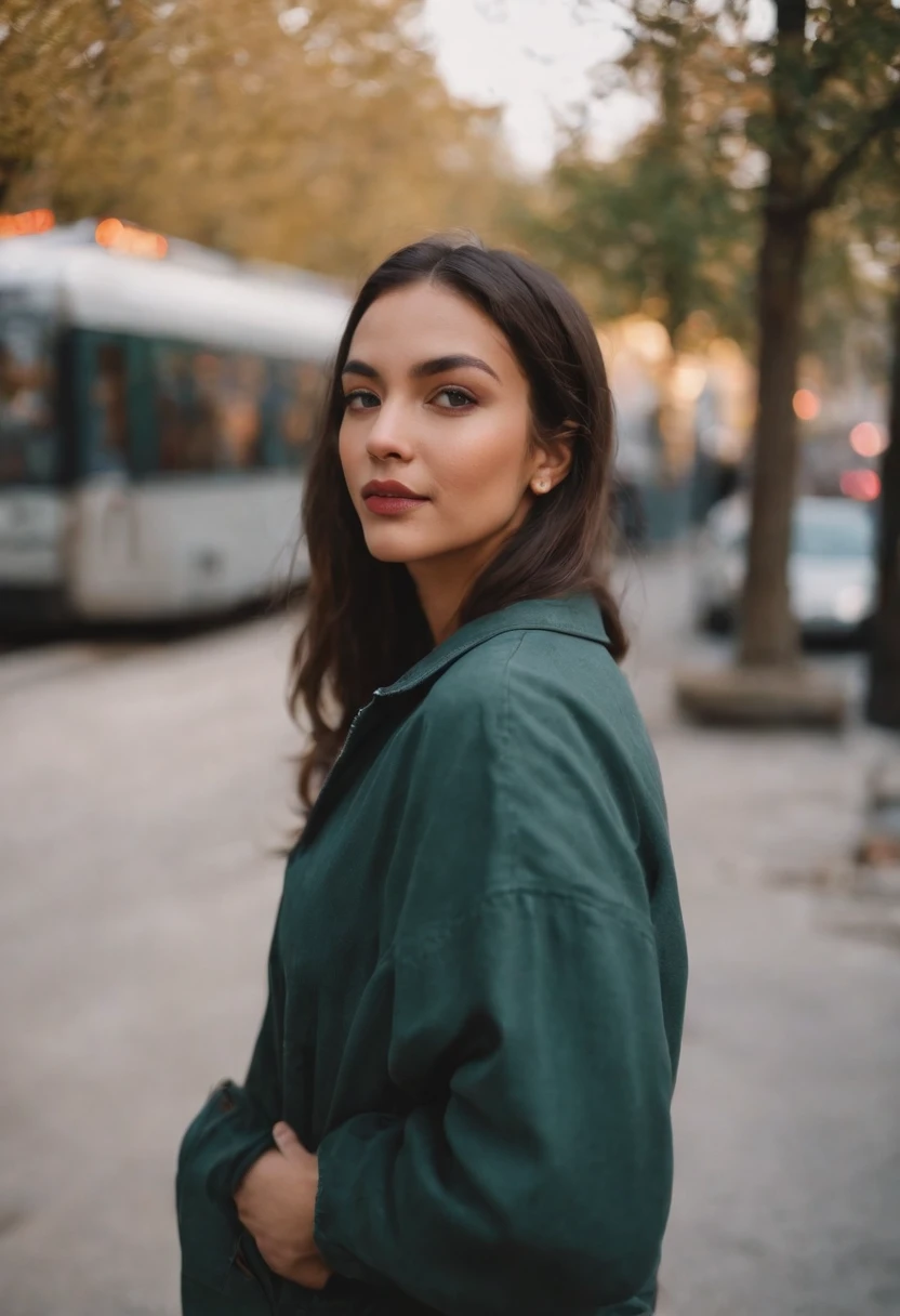 travellers, in the style of rap aesthetics, girl，Chicago, USA，make for a memorable photo.  The background is to  charming neighbourhoods and colourful street art，photo taken with fujifilm superia, charly amani, oversized portraits, babycore, upper body