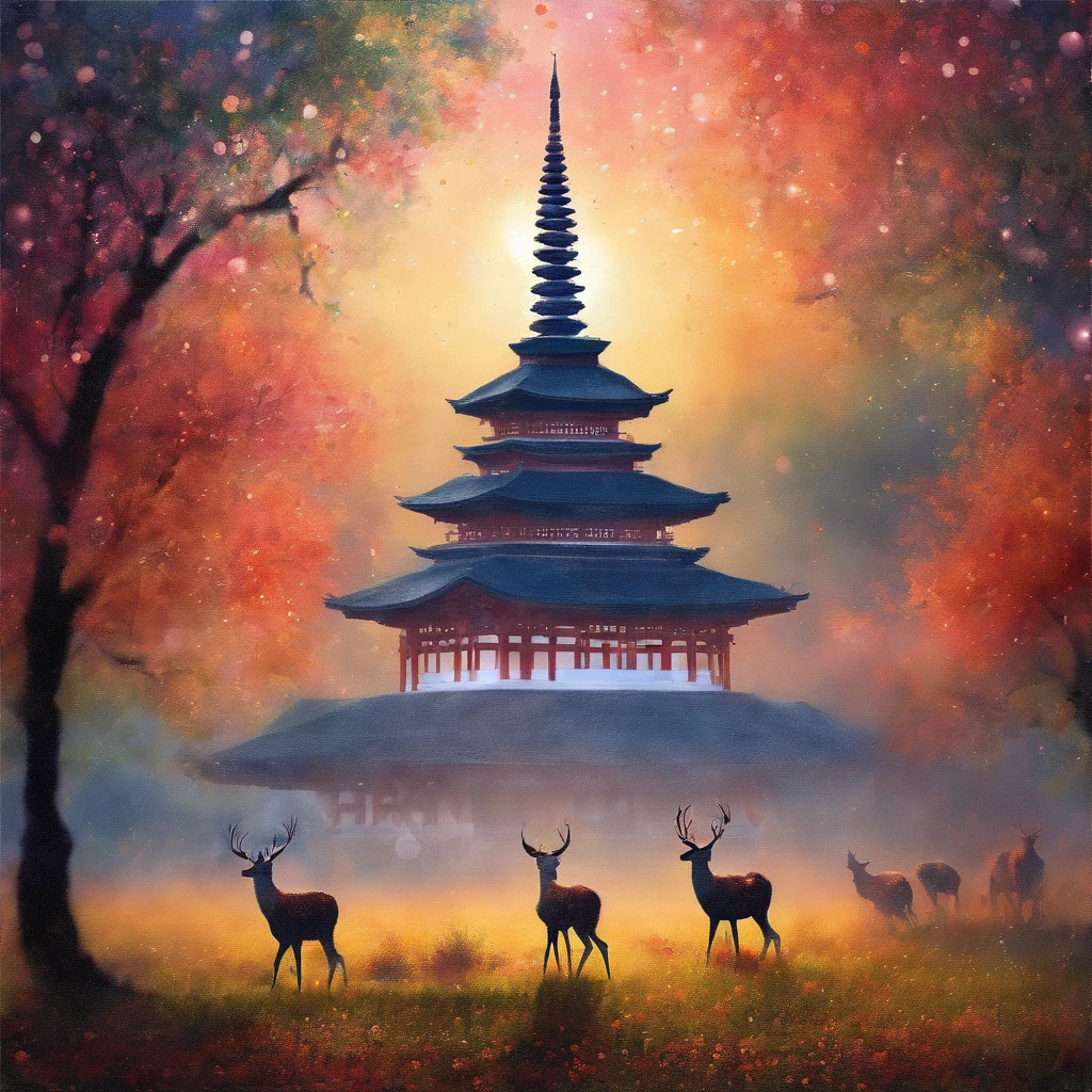 (best quality,masterpiece:1.2),soft focus,bright gradient watercolor,dreamy,white background,Nara Temples,deers