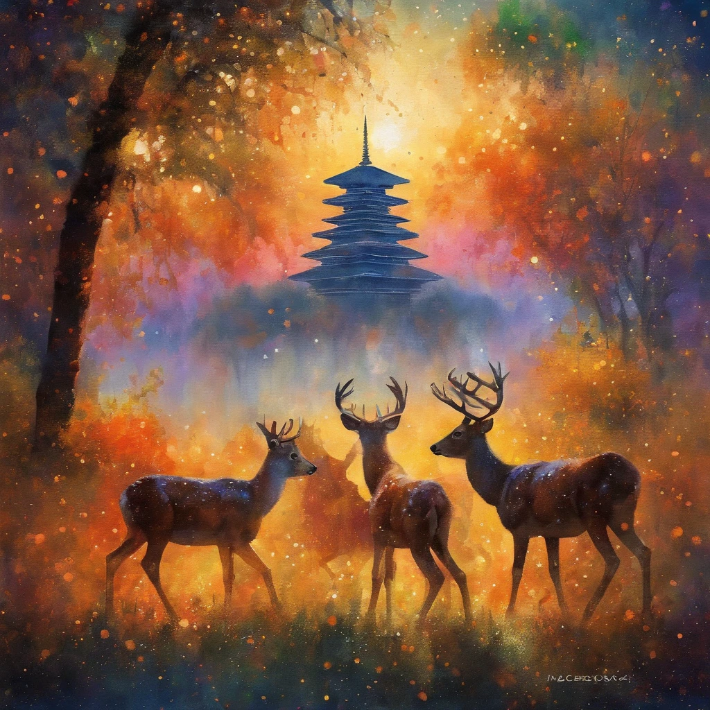 (best quality,masterpiece:1.2),soft focus,bright gradient watercolor,dreamy,white background,Nara Temples,deers